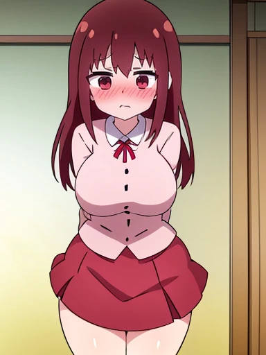 1 Cute naughty  Girl, large breasts, thick legs, (two side up, long hair, red hair), brown eyes, (naked:1.2, cleavage), (blush, ;d, yuruyuri), at the adventurer's guild, A bulletin board with posted paper, nfsw, sweat