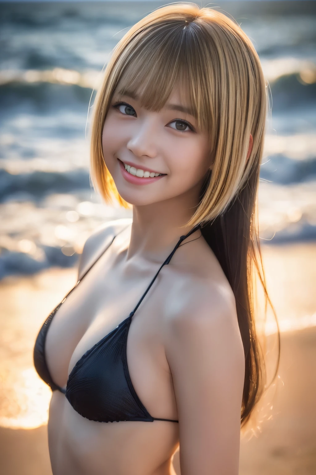 8K, (Surrealistic: 1.35), (realistic: 1.4), 1 Beautiful Japan Girls, smile, One, light makeup, masterpiece, excellent quality, high quality, (((She has black bob cut hair with a part of her bangs dyed blonde mesh.)))、puberty, (((super micro ??????)))、 ((perfect body)), ((best image quality)), ((time)), ((very delicate and beautiful)), ((Very shallow depth of field)), nffsw, ((incredibly shallow depth of field. familiar with)), (((very delicate and beautiful))), (((Very shallow depth of field))), nffsw, (((incredibly absurd))), (((perfect body))), (((dyes hair blonde )))), (((long hair)))), (((Camera Eye))), (((small))), (((幸せな最高のsmile))), poor, Own + background, dynamic angle, female focus, {particles of light}, detailed background, ((paul hedley)), soft lighting, (dramatic) sunset), sunset, very beautiful sunset, live action, realistic, top angle, かわいいsmile, (background blur), 18-year-old, skinny, ((Wind)), ((movement ))), ((emotion)), ((colorful)), ((baby face)), ((beautiful teeth)), ocean background、