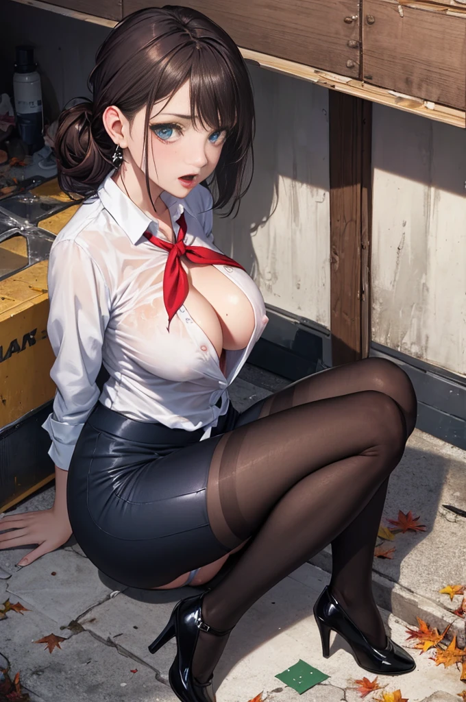 master piece,Best Quality,highest quality,Ultra-detailed,ultra high resolution,extremely detailed CG unity 8k wallpaper,super fine Illustration,Detailed skin,Shiny skin,Realistic,Beautiful detailed eyes,luscious eyes,striking eyes,Perfect Anatomy, deep contrast,gleaming skin,oily skin,1girl in,Solo,
cabin attendant uniform,flight attendant uniform,light blue blouse,dark blue slit tight skirt,red neckerchief,earrings,high heels,stockings,middle hair,half updo,dark brown hair,red lips,large breast,
pov,(((sitting on floor,Fall on her butt,backing away,M shape legs))),leak urine,cornered ,torn clothes,stand one knee,
visible crotch,i can see panties,,cameltoe,bulge,visible panties,elaborately intricate designed luxury and shine and brightly various color panties, moist panties are digging into crotch,skin dantation,open shirt,visible pointy breast,nipples,
frightened, fear, despair,face turns pale,scream, resist,facing front,looking above,
in abandoned house,faint light,messy room,many garbage bags,trash,stains on wall ,
vignetting,close to viewer,(from above),(((from front))),