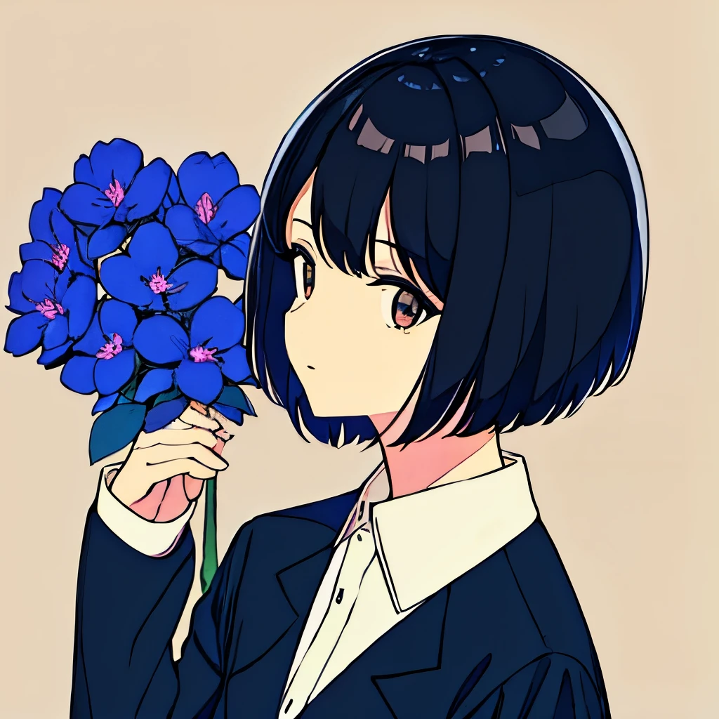 black hair short、uniform、surrounded by blue flowers、beige background、moderno、