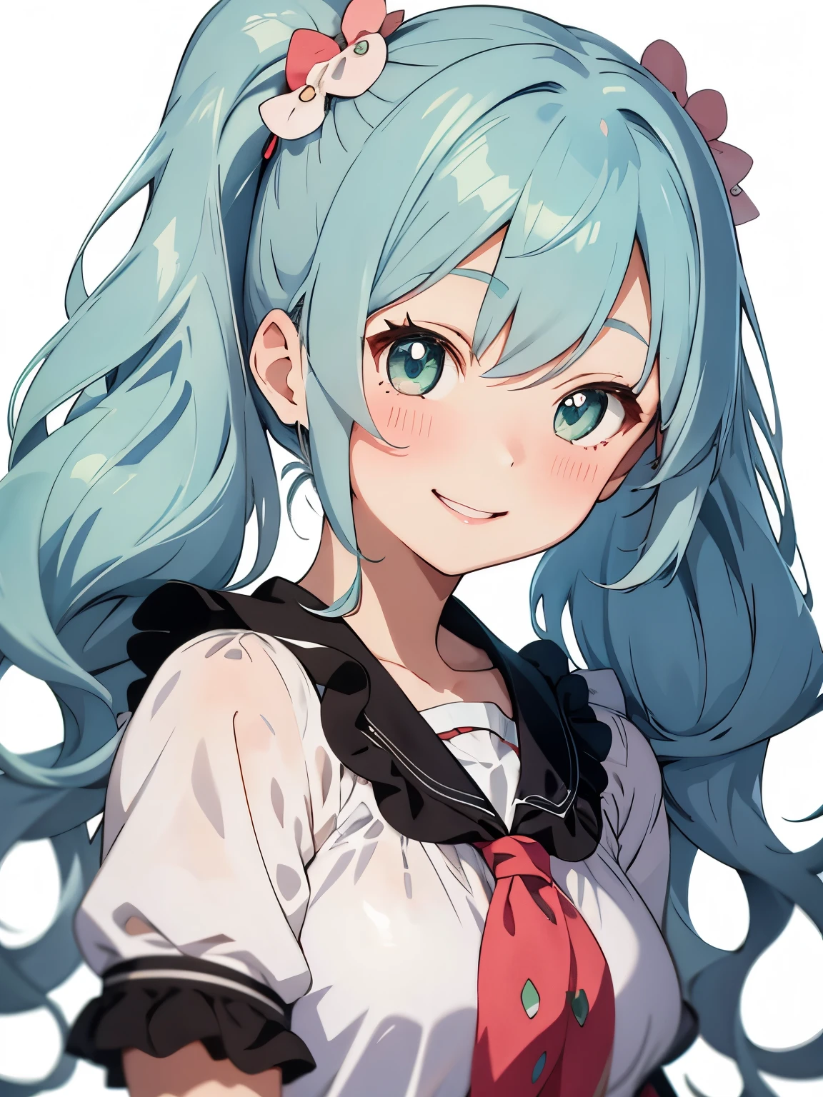 Soft and gentle pattern。anime illustration。Her hair is light blue and has curls.、side ponytail、Big strawberry hair clip in a knot。The hair in the ponytail is permed and fluffy.。Girl with green eyes。her face is cute、Confident smile。Appearance of about 12 years old。
