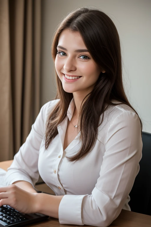 A very beautiful Russian girl in formal clothes smiles while working in a modern office, ultra realistic 8k