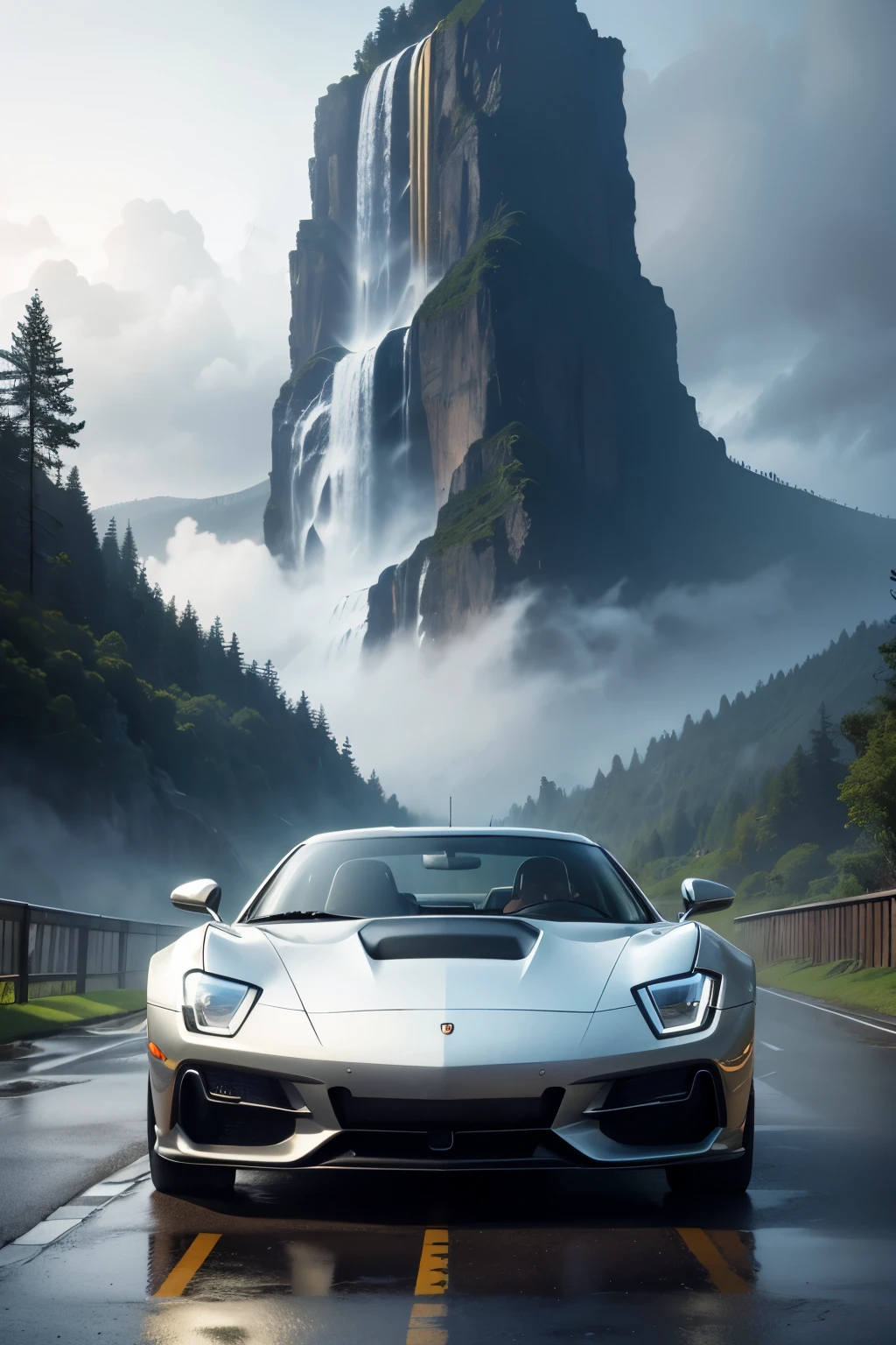 Amidst the serene backdrop of a rain-soaked mountain, a sleek, vintage car takes center stage. The car, veiled in a shroud of rain, emits an air of mystery and allure. The landscape around it is a canvas of lush greenery, cascading waterfalls, and foggy mist that intertwines with the gentle rain, creating a scene of ethereal beauty. The car's details, from its polished body to its gleaming headlights, glow in the dimly lit surroundings, inviting the viewer to imagine the untold stories that lie within.