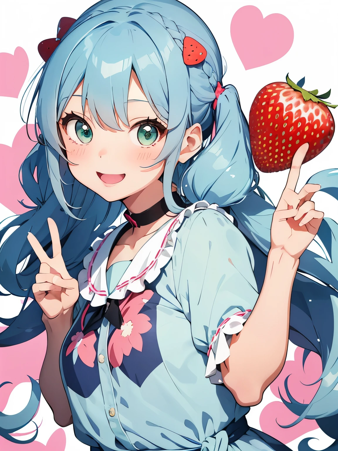 Soft and gentle pattern。anime illustration。Her hair is light blue and has curls.、side ponytail、Big strawberry hair clip in a knot。The hair in the ponytail is permed and fluffy.。Girl with green eyes。her face is cute、Confident smile。Appearance of about 。Doing a peace sign。