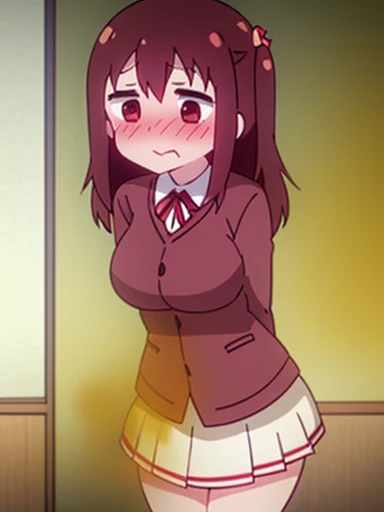 1 Cute naughty Short Stature Girl, large breasts, thick legs, (two side up, long hair, red hair), brown eyes, (naked:1.2), (blush, ;d, yuruyuri), at the adventurer's guild, A bulletin board with posted paper