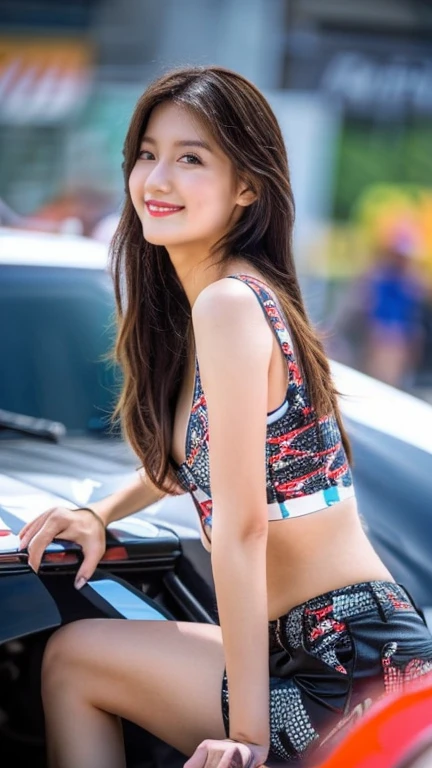 Highly detailed CG Unity 8K wallpaper, highest quality, Super detailed, masterpiece, realistic, photo realistic, Highly detailed cute girl, 25 years old, (whole bodyからつま先まで:1.4)、(whole body)、(whole body to toes)、(shot from the side)、(sitting on the hood of a car)、(lace queen)、(sexy pose),(model pose)、
(Sponsored and wearing grid girl costume'logo is printed.:1.3), (shorts) , (sitting in a motorsport race), (cleavage), smile ,whole bodyショット ,(Side view)、(side shot)、(smile at the camera)、