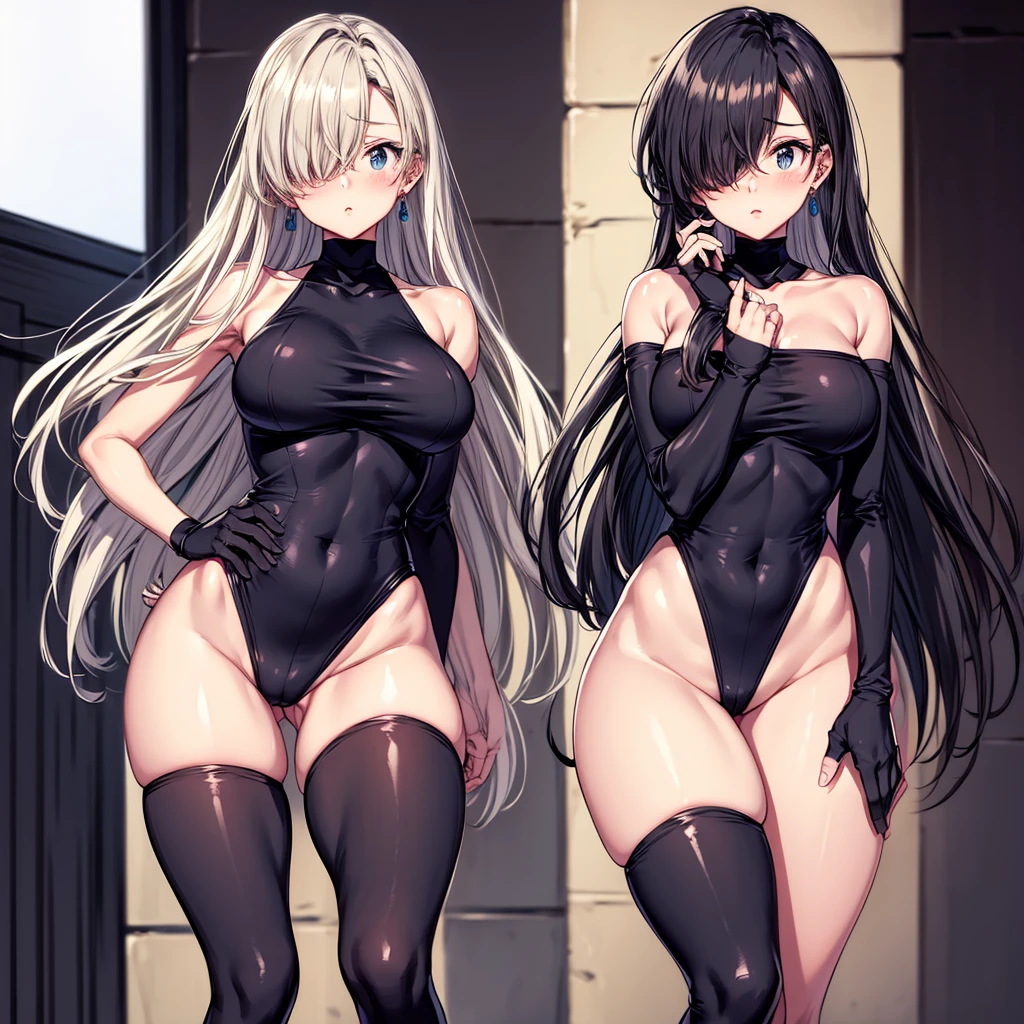masterpiece, best quality, highres, hmeliza, (1 girl alone) , hair over one eye, jewelry, black thighhighs, black leotard, bridal gauntlets, highleg leotard, highleg, turtleneck, elbow gloves, walking, outdoors, embarrassed,