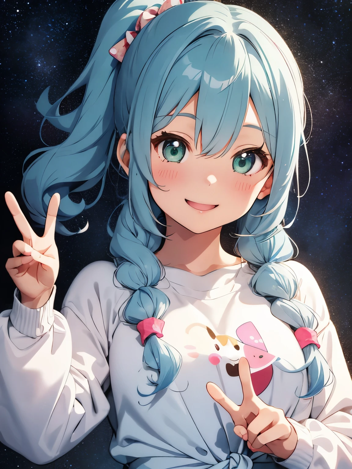 Soft and gentle pattern。anime illustration。Her hair is light blue and has curls.、side ponytail、Big strawberry hair clip in a knot。The hair in the ponytail is permed and fluffy.。Girl with green eyes。her face is cute、Confident smile。Appearance of about 。Doing a peace sign。long sleeve winter clothes。
