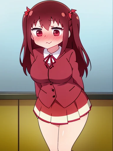 1 Cute naughty  Girl, large breasts, thick legs, (two side up, long hair, red hair), brown eyes, (naked:1.2), (blush, ;d, yuruyuri), at the adventurer's guild, A bulletin board with posted paper