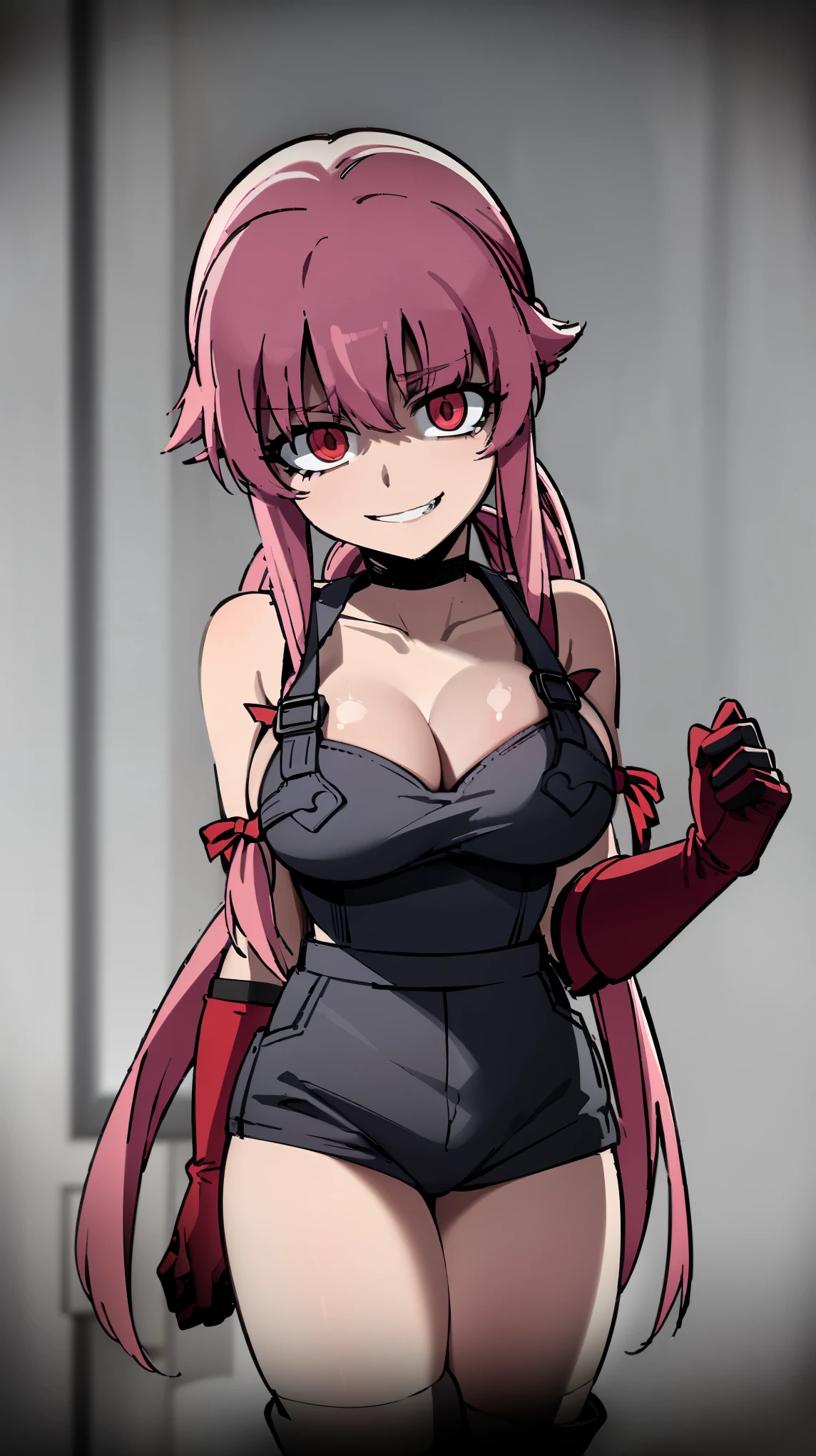 anime_still, masterpiece, best quality, Mario Striker Style, 1girl, Gasai Yuno, long hair, pink hair, low twintails, smile, naked, red eyes, (large breasts:1.5),1girl, black choker, dark grey, (overalls:1.25), leather gloves, black boots, ((nigth:1.5)), (chasing you through the woods BY yuno gasai), moonlight, blood on floor, horror scane, (evil smile:1.4), (evil eyes:1.6), (horror_movies:1.5), (woods:1.6),(dark:1.7), (out_boors), blood on hands,blood stain