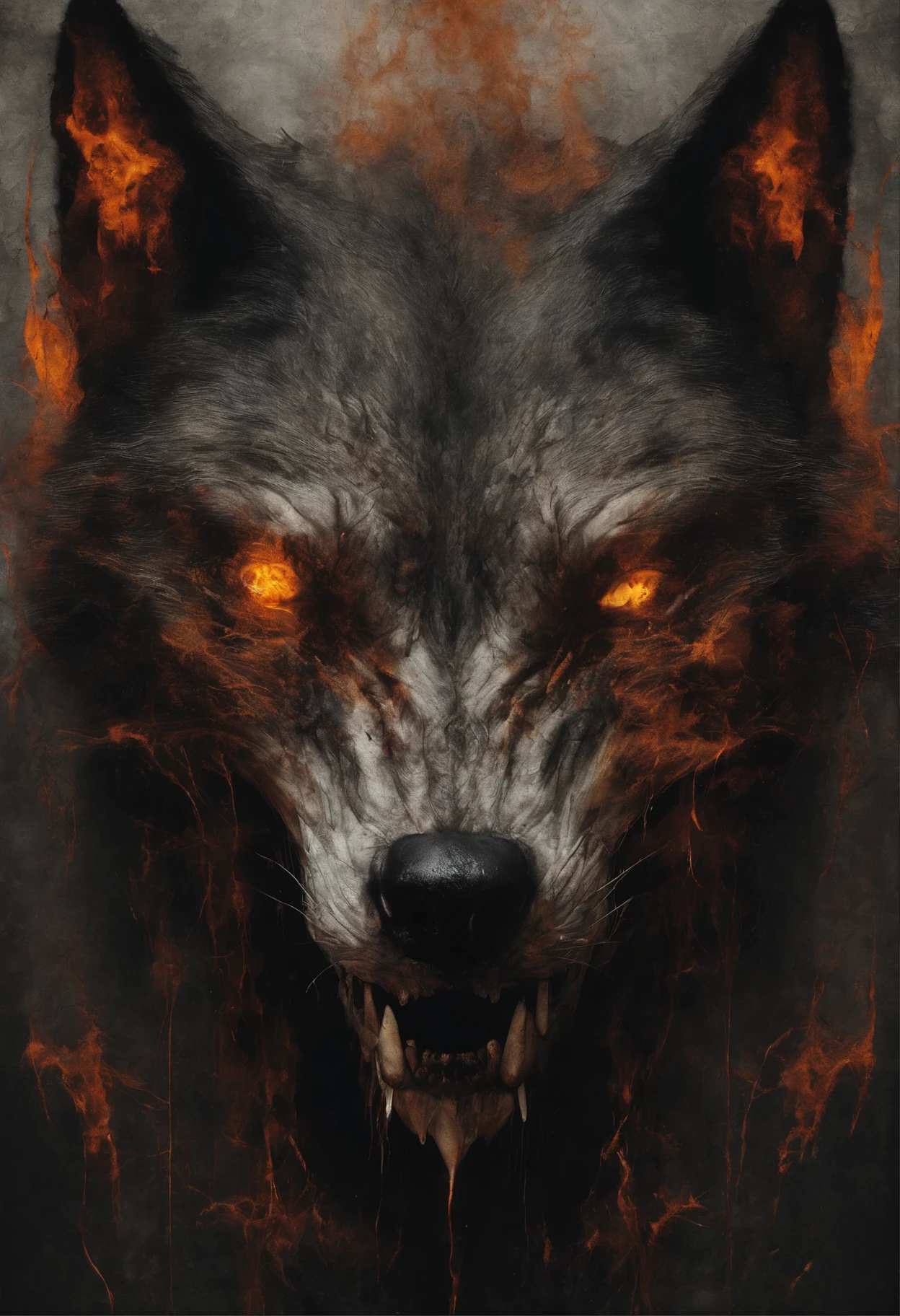 Photographic still of an wolf with orange flames, translucent skin, teeth dripping,, veins showing beneath it's skin, dark, onimous