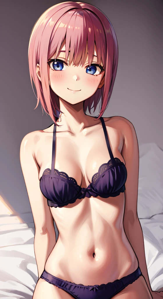 Nakano ichika, 1girl in,, Pink hair,, Short hair, Solo, Bangs,, Smile, Blue eyes, , Looking at Viewer, bedroom, hair between eye, blush, purple panties with frills,purple bra with frills