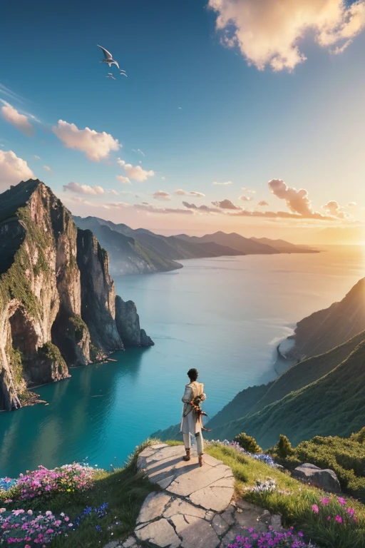 (best quality,4k,8k,highres,masterpiece:1.2),ultra-detailed,(realistic,photorealistic,photo-realistic:1.37)
A handsome boy with a sword, standing tall on the top of a mountain, in a journey of mountain and sea. The mountain peak is surrounded by the sea, and various monsters are flying over the sea. Medium: Illustration
Additional details: Clouds swirling around the mountain peak, sparkling water waves, vibrant flowers blooming on the mountain, ancient ruins at the foot of the mountain.
Art style: Fantasy, adventure
Color palette: Vivid and vibrant colors
Lighting: Soft golden sunlight casting a warm glow on the scene.