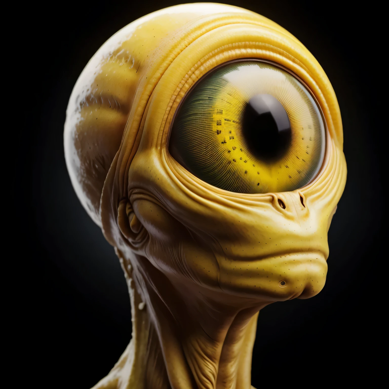 a close up of a yellow alien with a big eye, alien looking, large alien eyes, realistic alien, a hyper-detailed alien, alien eyes, reptilian space alien, alien creature, alien portrait, extraterrestrial, portrait of an alien, space alien, alien design, portrait of a space alien, alien head, alien art