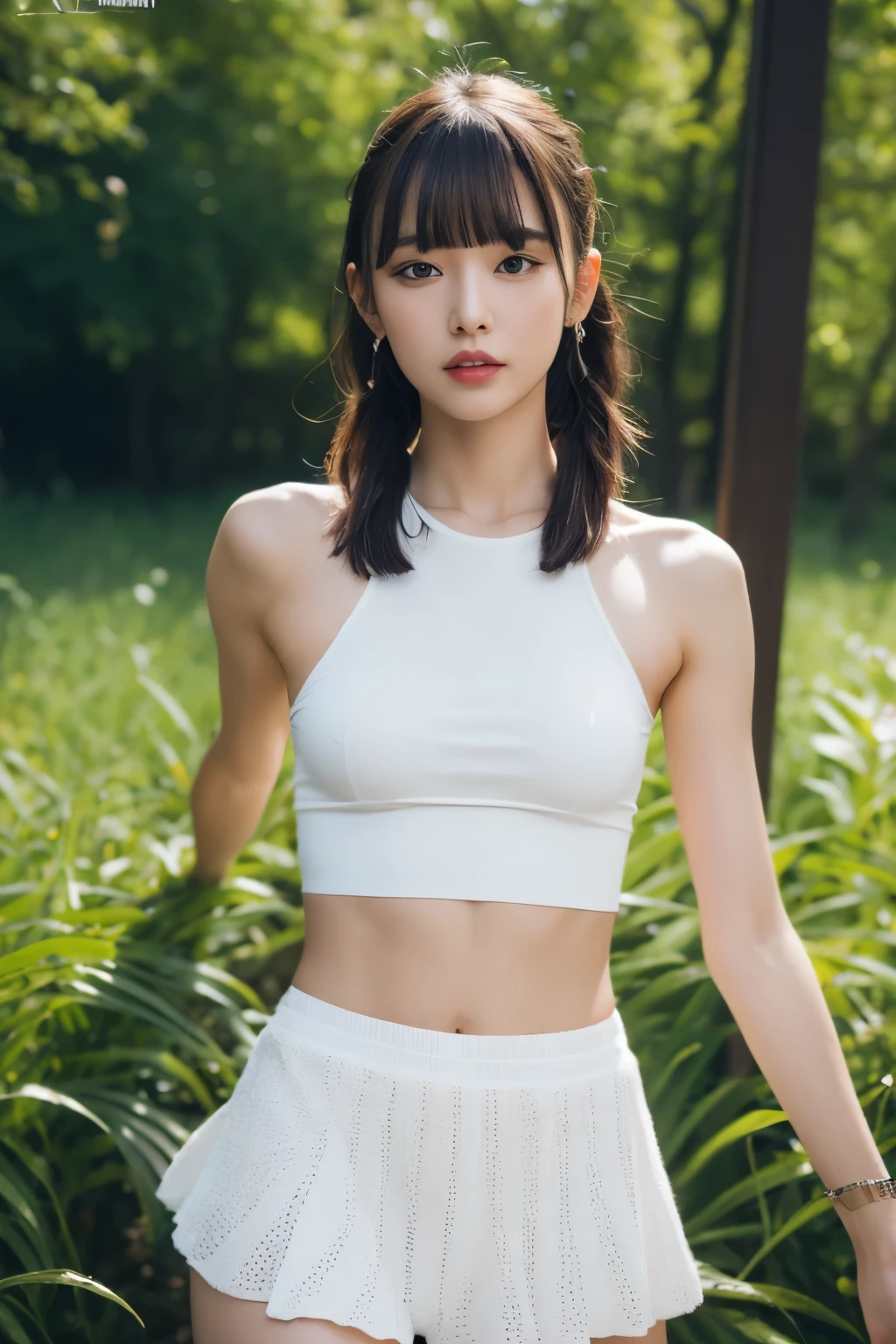 best quality, 32k, RAW photo, incredibly absurdres, extremely detailed, delicate texture, beautiful and cute lady, amorous and lewd expression, wearing white crop top, skirt, black short pants, perfect body line, abs, glossy braided bangs and side hair, squat down