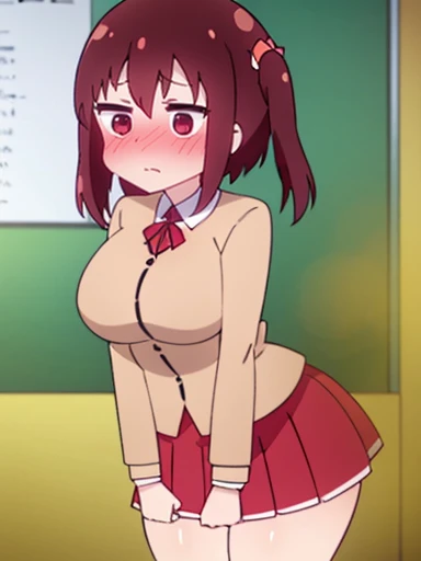 Ebina greens々、1 girl、white inner uniform、Red-brown skirt、red ribbon、big breasts、fart、Leaning the body forward、feel shy、 blush、school classroom