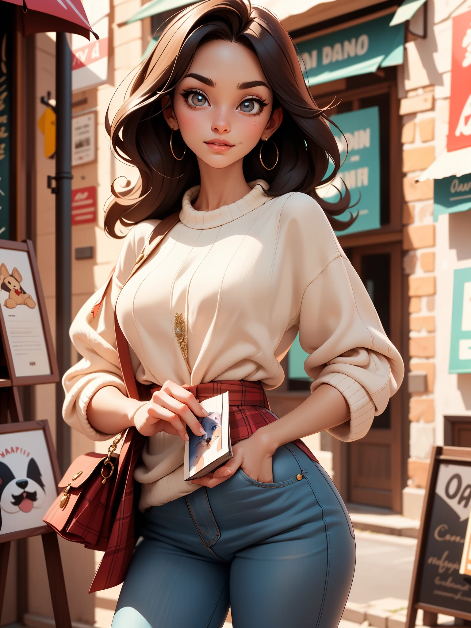 Cute puppy. Beautiful puppy. Adorable puppy. Portrait of a woman in a white dress, Slender hands holding a book, Express beauty and power. Detailed portrait of an indigenous woman in cartoon style, com olhos bonitos, Fast brushstrokes and vibrant colors. Cute puppy. Beautiful puppy. A masterpiece of cute puppies, There are red and white furs. Italian girl poses, Detailed face, Dark hair, atheletic body, Wearing red flannel and jeans. Soft hair, Happy smile, Lovely Italian cuisine.