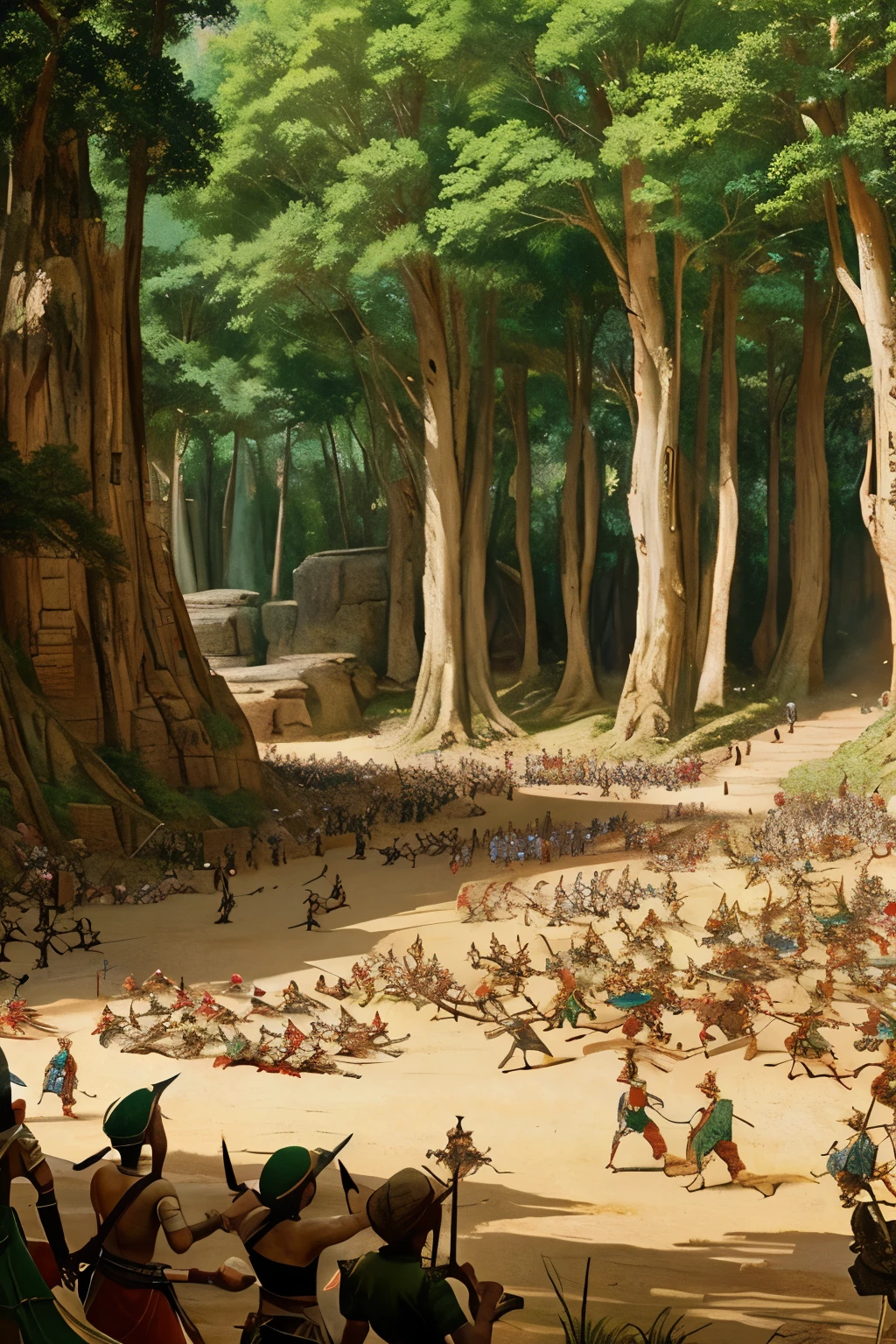 ancient painting depicting large-scale epic war between humans, elves, and demi-humans