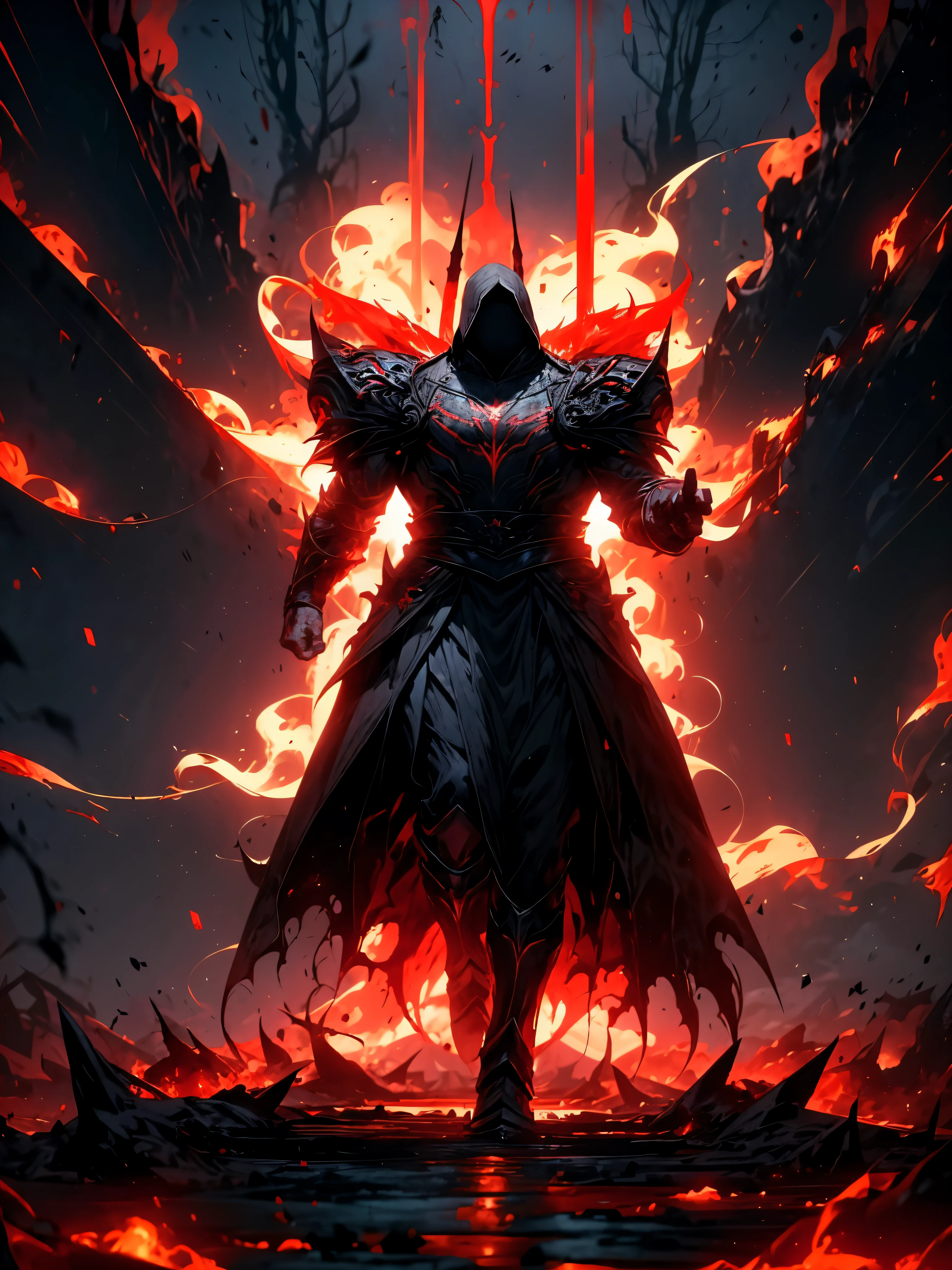 Dark、seele、Ghastly、agony、Life and death、Brighter、The demons、Trial、Redemption、illusion、火焰、Ice and snow、Splendor、mistic，Red magma，Burning red feet，light and shadow effect，Strong contrast，raiden，The angle at which you look up，Hand-held weapons