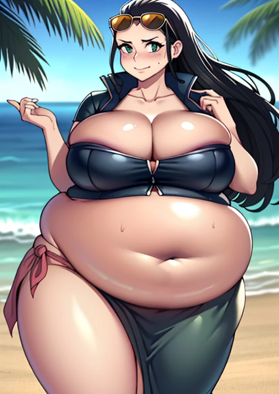 art by kipteitei, 1girl, nico robin, aqua eyes, black hair, breasts, cleavage, closed mouth, collared jacket, cowboy shot, crop top, cropped jacket, eyewear on top of head, hair slicked back, hand up, high collar, jacket, big breasts, long hair, looking at viewer, midriff, fat belly, round belly, soft belly, (( gigantic belly))thick thighs, (( massive thighs,))navel, plunging neckline, pose, sarong, short sleeves, smile, solo, standing , stomach, sunglasses, very long hair, outdoors, sea, ships, chubby, blushing, sweat, glistening skin, (best quality, masterpiece, 4K, 8k)
