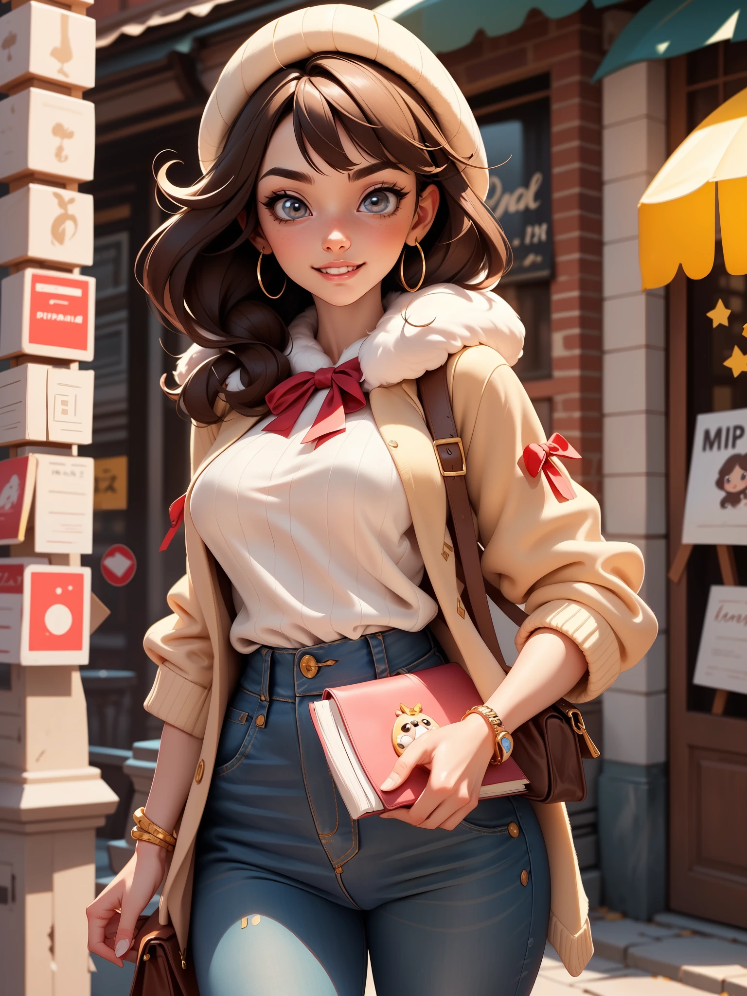 Cute puppy. Beautiful puppy. Adorable puppy. Portrait of a woman in a white dress, Slender hands holding a book, Express beauty and power. Detailed portrait of an indigenous woman in cartoon style, com olhos bonitos, Fast brushstrokes and vibrant colors. Cute puppy. Beautiful puppy. A masterpiece of cute puppies, There are red and white furs. Italian girl poses, Detailed face, Dark hair, atheletic body, Wearing red flannel and jeans. Soft hair, Happy smile, Lovely Italian cuisine.