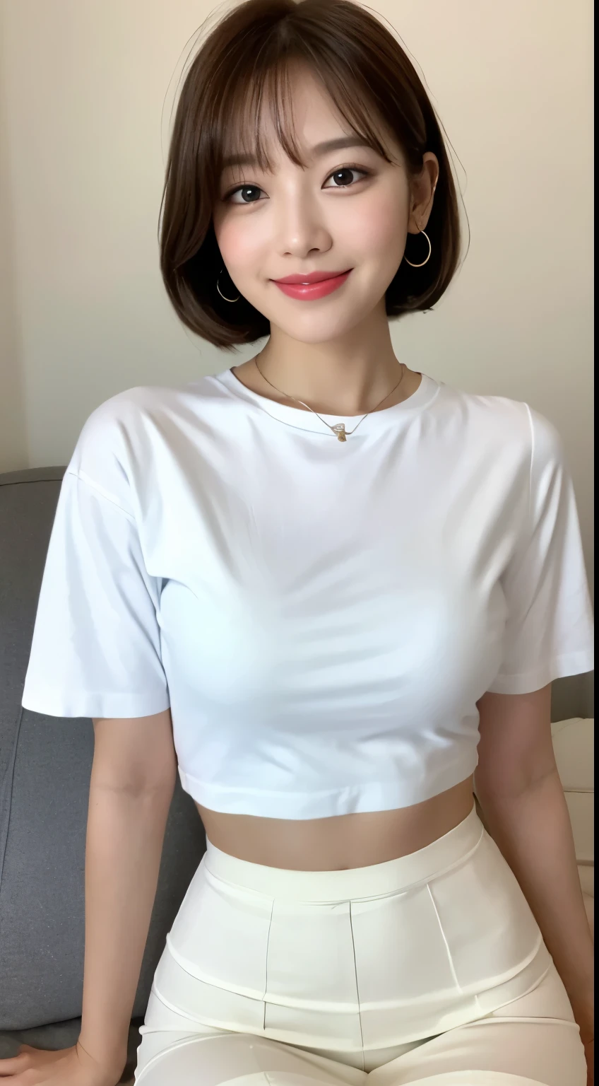 White tight shirt、White tight mini skirt、bed、smile、short sleeve、high resolution、Hallyu Idol Face