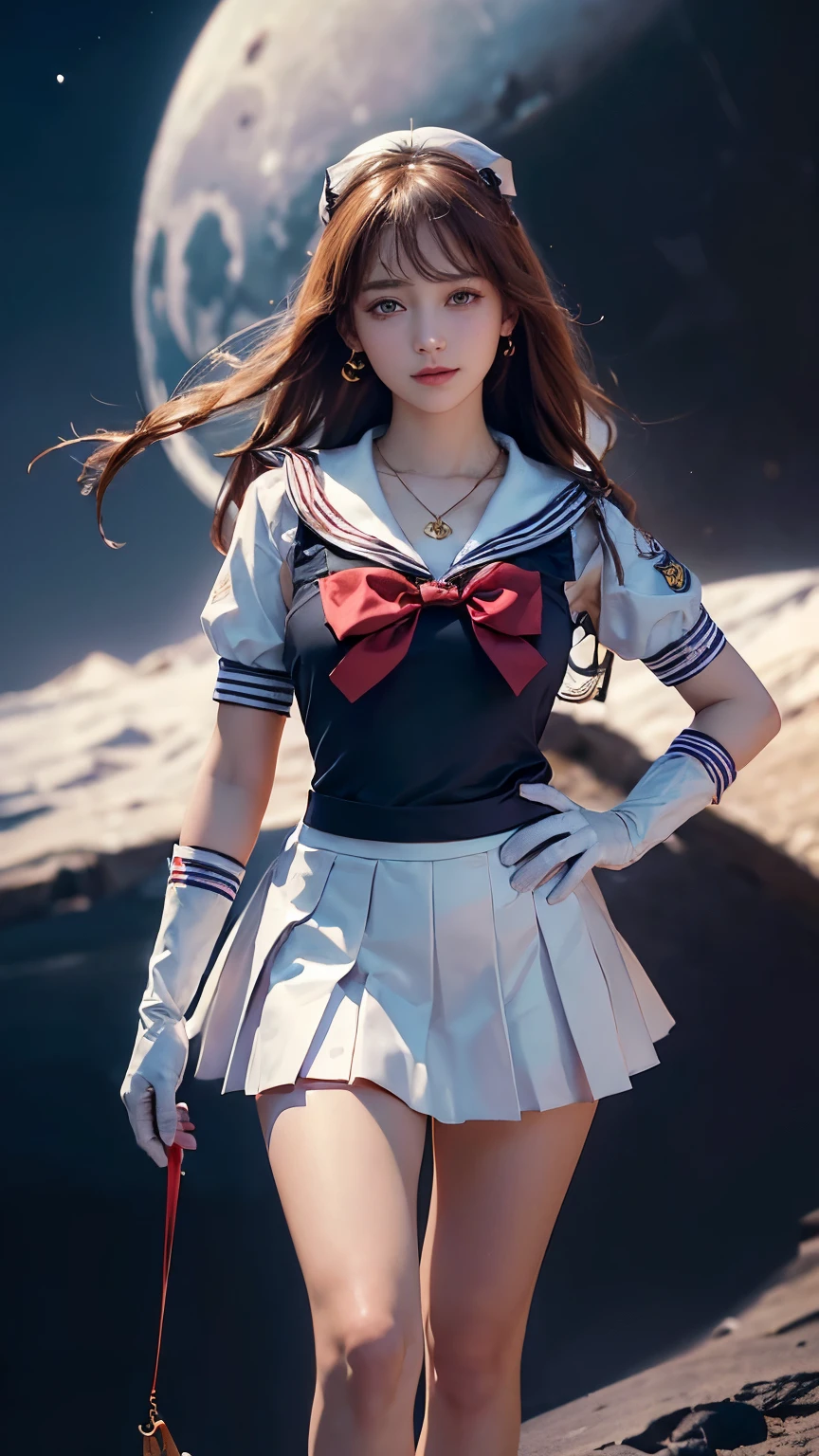 ((HD realistic, SAMA1レベル)), very realistic,muste piece, best quality, high resolution, SAMA1, (((Sailor Sensi Uniform with Medium Chest,))) white gloves, Red sailor collar, red skirt, star necklace, elbow gloves, pleated skirt, bare legs, Purple bow, space, the moon, charming smile, stunning beauty, full body photo