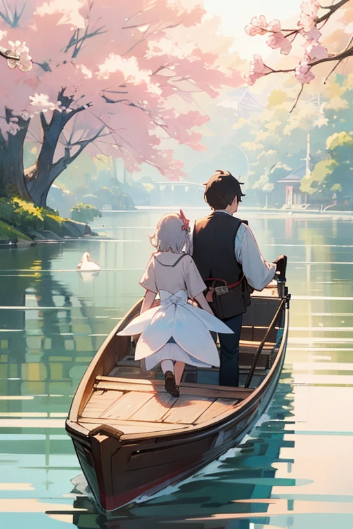 A couple riding a boat on the lake and small swans in Inokashira Park3Please write the group