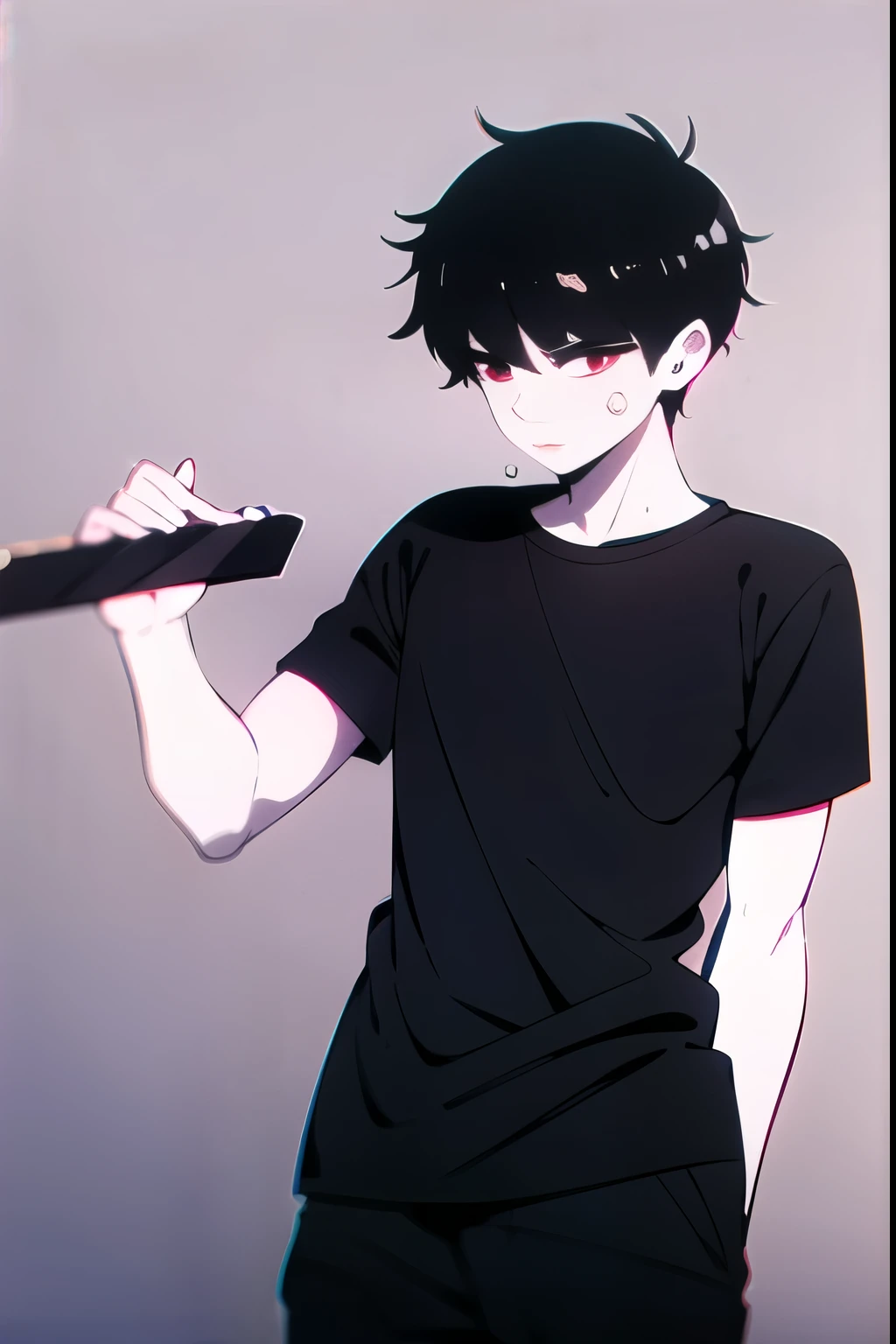 A male staff member named Maou, white skin, short hairstyle, black hair, red eyes, wearing a black t-shirt, wearing dark blue sweatpants.