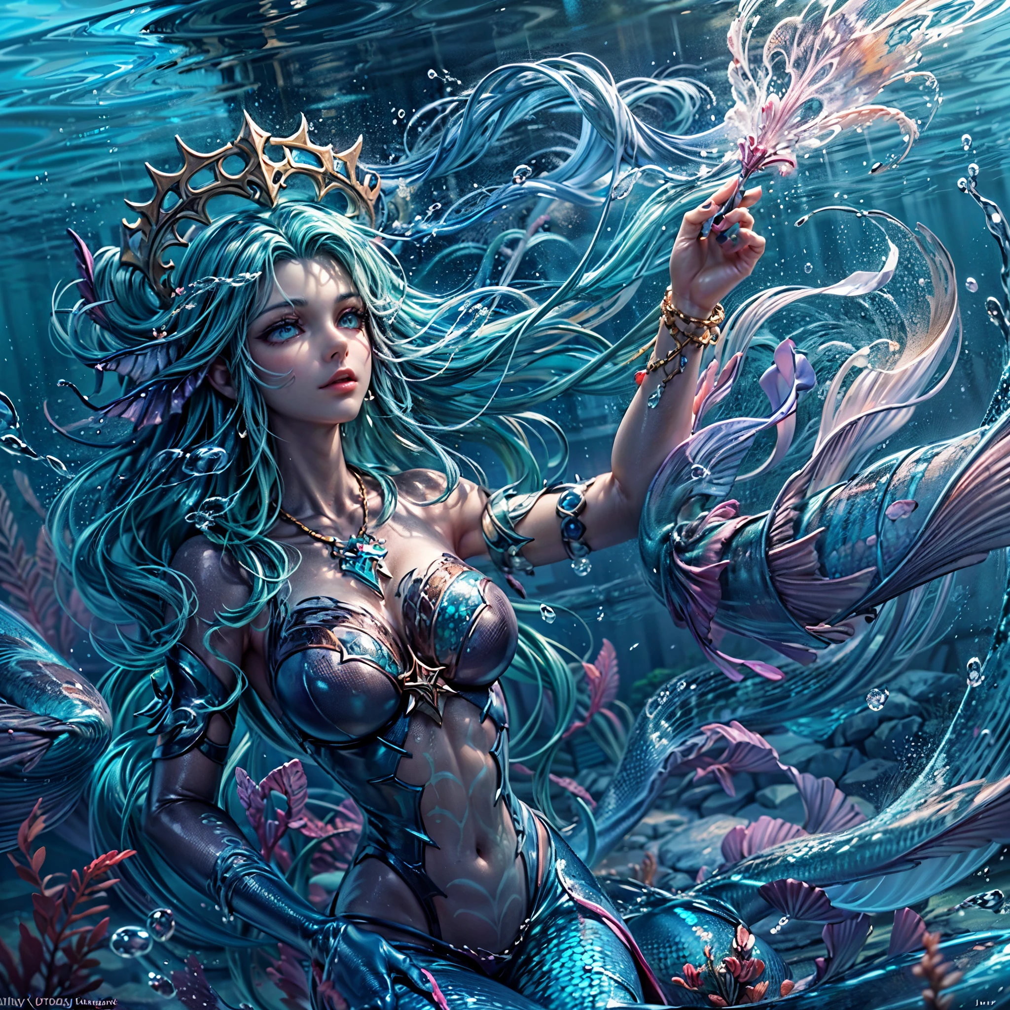 high details, best quality, 16k, [ultra detailed], masterpiece, best quality, (extremely detailed), full body, ultra wide shot, RAW, photorealistic, fantasy art, dnd art, rpg art, realistic art, an ultra wide picture of a mermaid (1.5 intricate details, Masterpiece, best quality) water mage casting ((water control spell)), water wizard ((water magic, intense magic details)), ((controlling a swirling mass of water)), magical symbols GlowingRunes_pink, female mermaid, blue skin, green hair, long hair, swirling hair, lower body tail fin, intense eyes, small pointed ears, ((blue eyes)), ((glowing eyes)), armed with magical wand, wearing sea shell clothing, beautiful mermaid, underwater background, rich underwater life, ((magical atmosphere)), fish and sea weeds, high details, best quality, highres, ultra wide angle