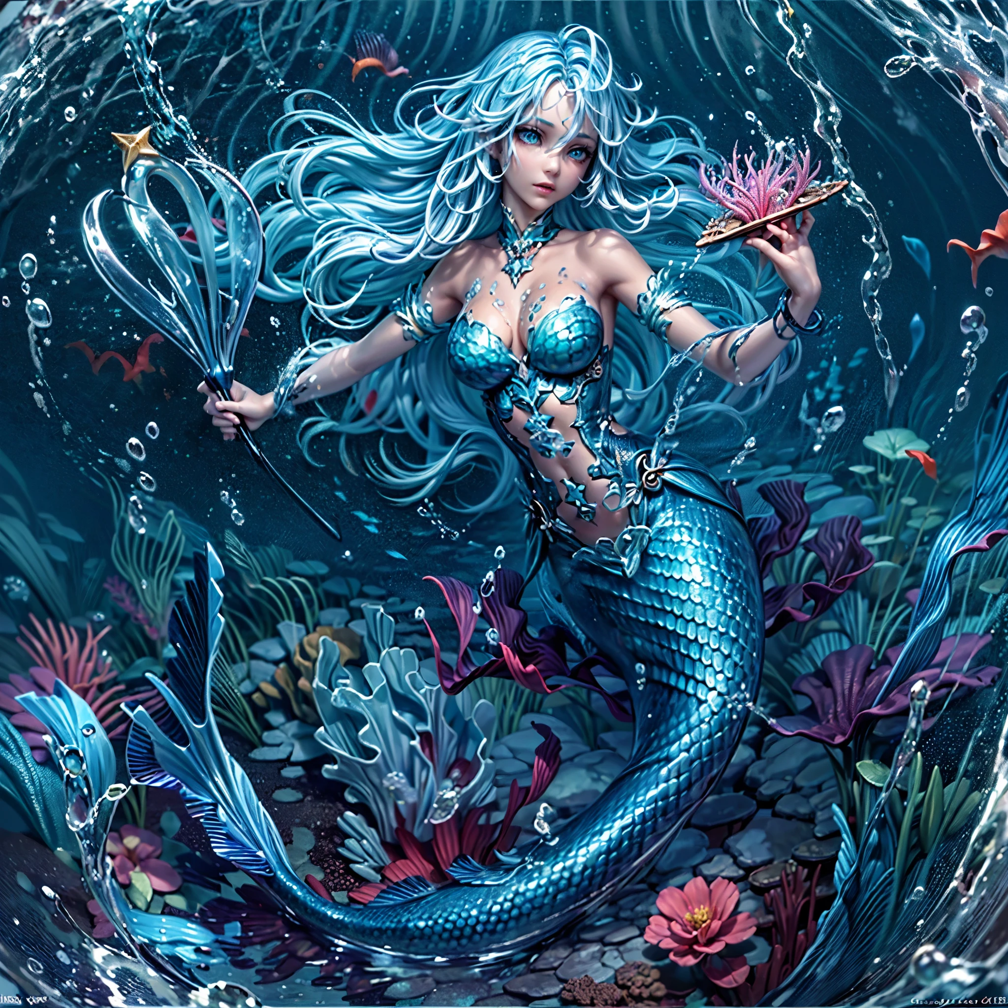 high details, best quality, 16k, [ultra detailed], masterpiece, best quality, (extremely detailed), full body, ultra wide shot, RAW, photorealistic, fantasy art, dnd art, rpg art, realistic art, an ultra wide picture of a mermaid (1.5 intricate details, Masterpiece, best quality) water mage casting ((water control spell)), water wizard ((water magic, intense magic details)), ((controlling a swirling mass of water)), magical symbols GlowingRunes_pink, female mermaid, blue skin, green hair, long hair, swirling hair, lower body tail fin, intense eyes, small pointed ears, ((blue eyes)), ((glowing eyes)), armed with magical wand, wearing sea shell clothing, beautiful mermaid, underwater background, rich underwater life, ((magical atmosphere)), fish and sea weeds, high details, best quality, highres, ultra wide angle