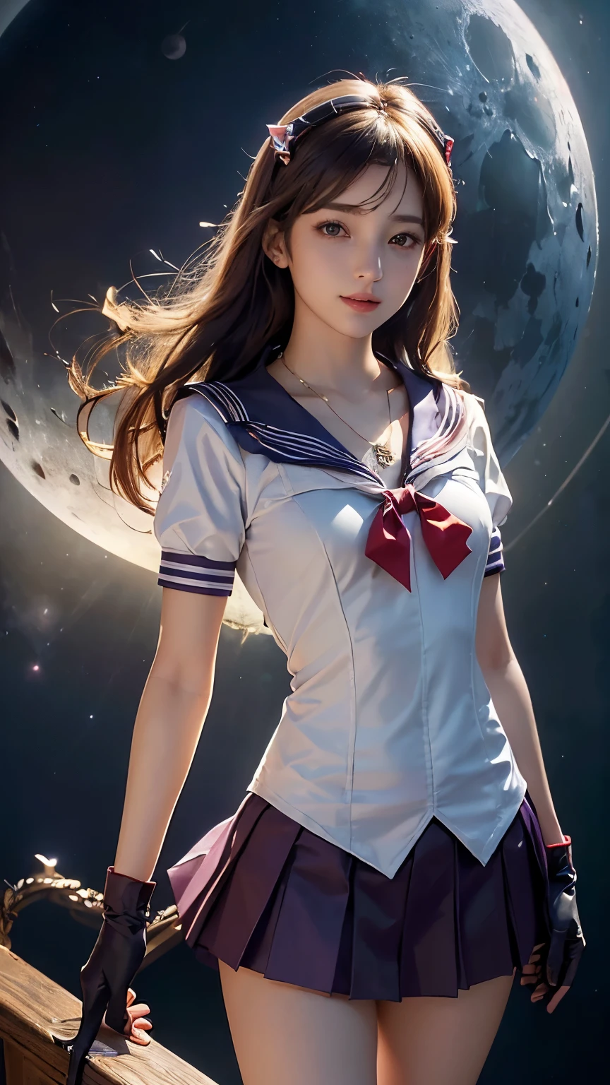 ((HD realistic, SAMA1レベル)), very realistic,muste piece, best quality, high resolution, SAMA1, (((Sailor Sensi Uniform with Medium Chest,))) white gloves, Red sailor collar, red skirt, star necklace, elbow gloves, pleated skirt, bare legs, Purple bow, space, the moon, charming smile, stunning beauty, full body photo