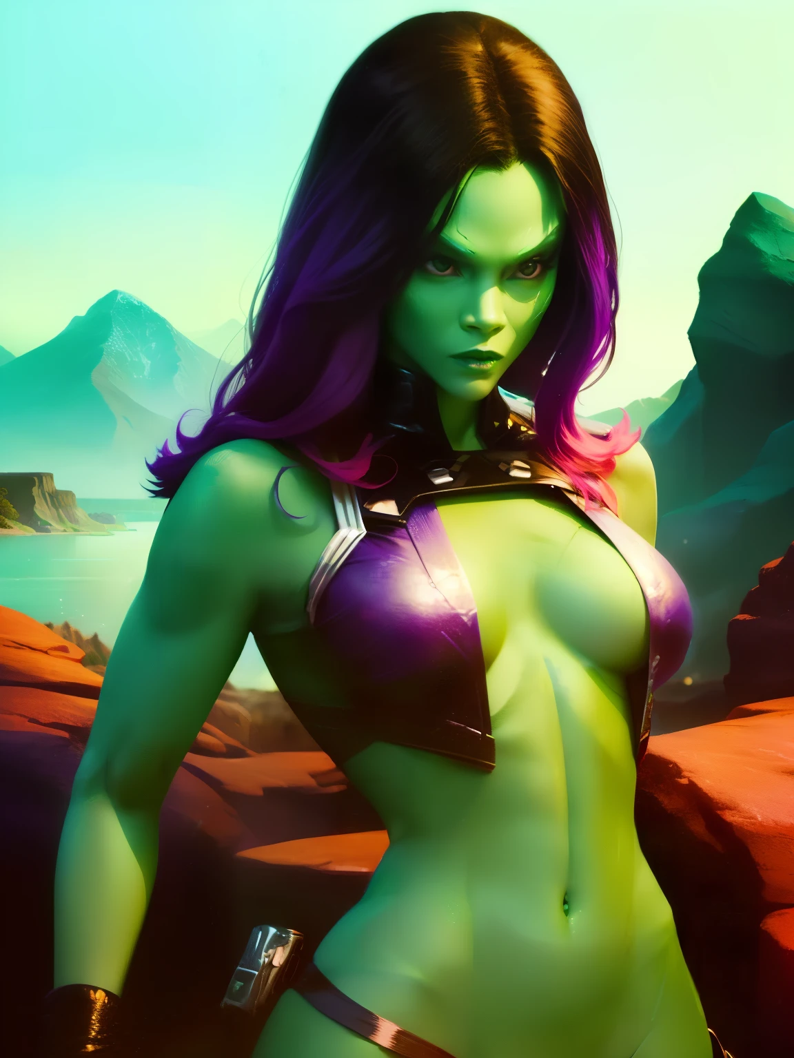 (((COMIC STYLE, CARTOON ART))). ((1 girl)), lonly, A comic-style image of Gamora, with her as the central figure. She is standing, with her hands holding a sword. She wears a black and purple costume, ((pink anda purple hair)). She has long, straight black hair, (((Hot body, sexy, sensual, camel toes))), ((green skin)) eyes and red lips. She is surrounded by an alien planet, with mountains, rivers and vegetation. She has a determined and confident expression, as if she is ready to fight evil.