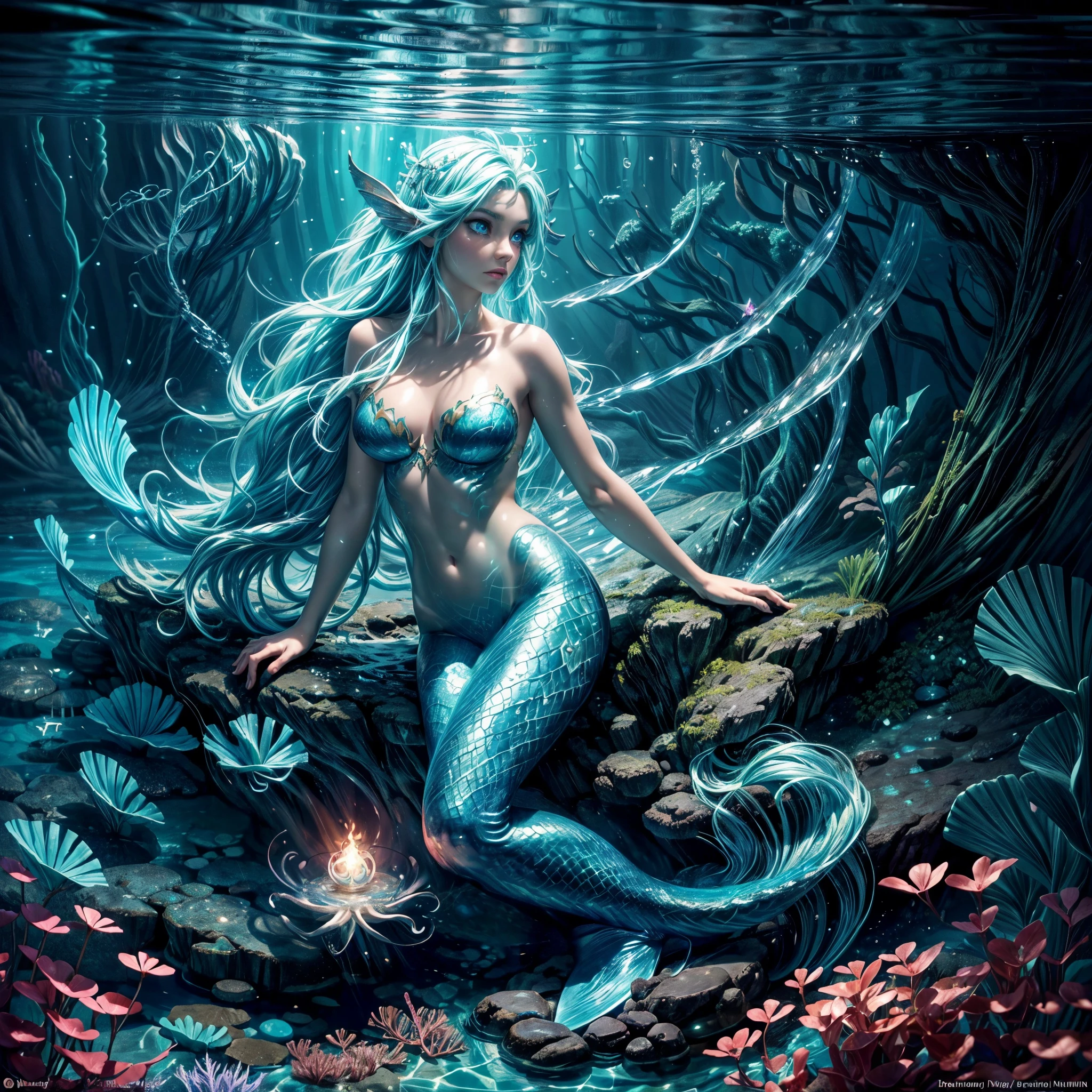 high details, best quality, 16k, [ultra detailed], masterpiece, best quality, (extremely detailed), full body, ultra wide shot, RAW, photorealistic, fantasy art, dnd art, rpg art, realistic art, an ultra wide picture of a mermaid (1.5 intricate details, Masterpiece, best quality) water mage casting ((water control spell)), water wizard ((water magic, intense magic details)), ((controlling a swirling mass of water)), magical symbols GlowingRunes_pink, female mermaid, blue skin, green hair, long hair, swirling hair, lower body tail fin, intense eyes, small pointed ears, ((blue eyes)), ((glowing eyes)), armed with magical wand, wearing sea shell clothing, beautiful mermaid, underwater background, rich underwater life, ((magical atmosphere)), fish and sea weeds, high details, best quality, highres, ultra wide angle