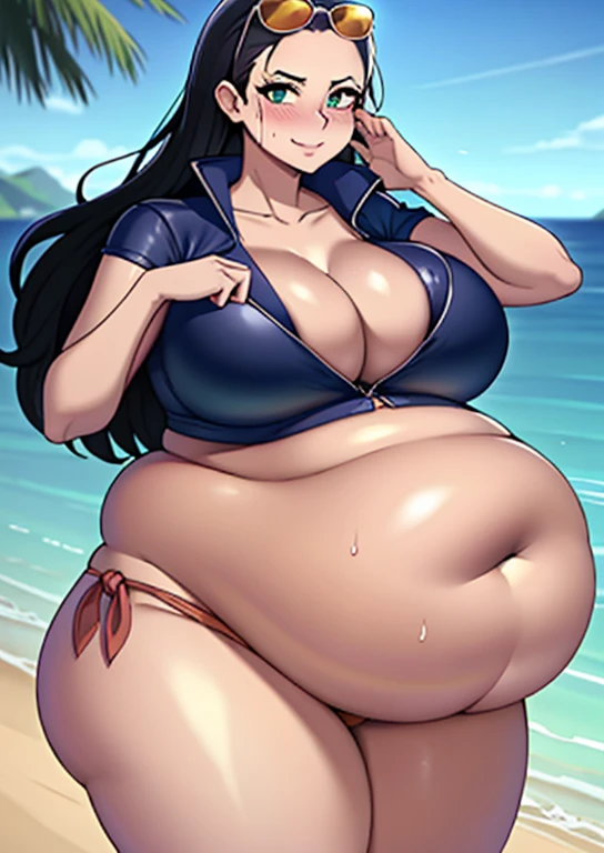 art by kipteitei, 1girl, nico robin, aqua eyes, black hair, breasts, cleavage, closed mouth, collared jacket, cowboy shot, crop top, cropped jacket, eyewear on top of head, hair slicked back, hand up, high collar, jacket, big breasts, long hair, looking at viewer, midriff, fat belly, round belly, soft belly, (( gigantic belly))thick thighs, (( massive thighs,))navel, plunging neckline, pose, sarong, short sleeves, smile, solo, standing , stomach, sunglasses, very long hair, outdoors, sea, ships, chubby, blushing, sweat, glistening skin, (best quality, masterpiece, 4K, 8k)