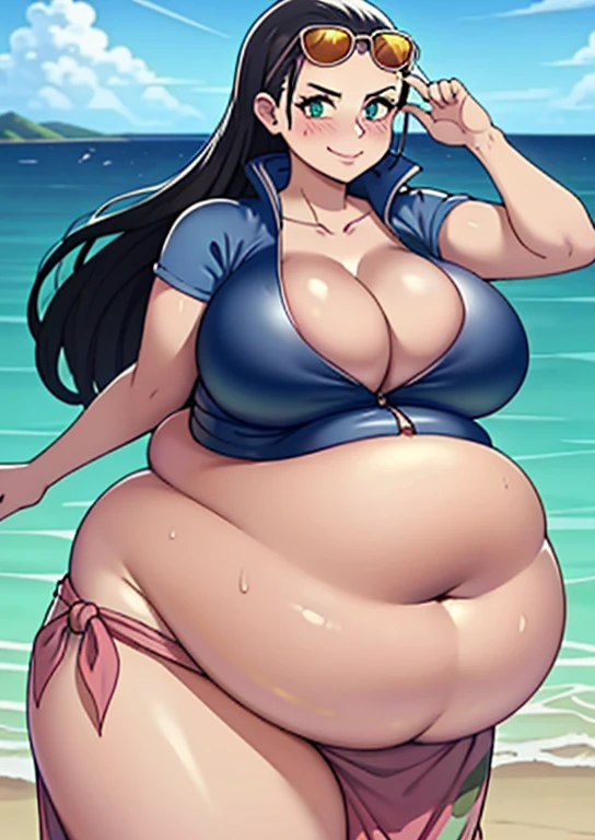 art by kipteitei, 1girl, nico robin, aqua eyes, black hair, breasts, cleavage, closed mouth, collared jacket, cowboy shot, crop top, cropped jacket, eyewear on top of head, hair slicked back, hand up, high collar, jacket, big breasts, long hair, looking at viewer, midriff, fat belly, round belly, soft belly, (( gigantic belly))thick thighs, (( massive thighs,))navel, plunging neckline, pose, sarong, short sleeves, smile, solo, standing , stomach, sunglasses, very long hair, outdoors, sea, ships, chubby, blushing, sweat, glistening skin, (best quality, masterpiece, 4K, 8k)