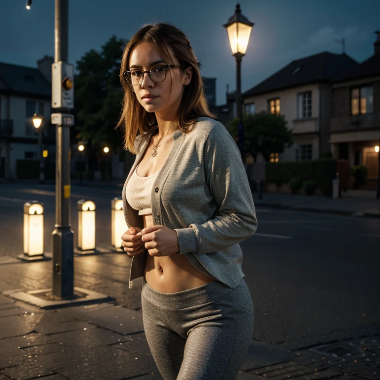 best quality, masterpiece, cinematic lighting, intricate, cinematic detailed realistic background, detailed face, full body, small breasts, realistic, ligne claire, , , 1girl jogging, cityscape, night, tied shirt, looking at viewer, tattoo, model pose, open cardigan, ringed yellow eyes, streetlight, lamppost, yoga pants, split-color hair, glasses,, ,  