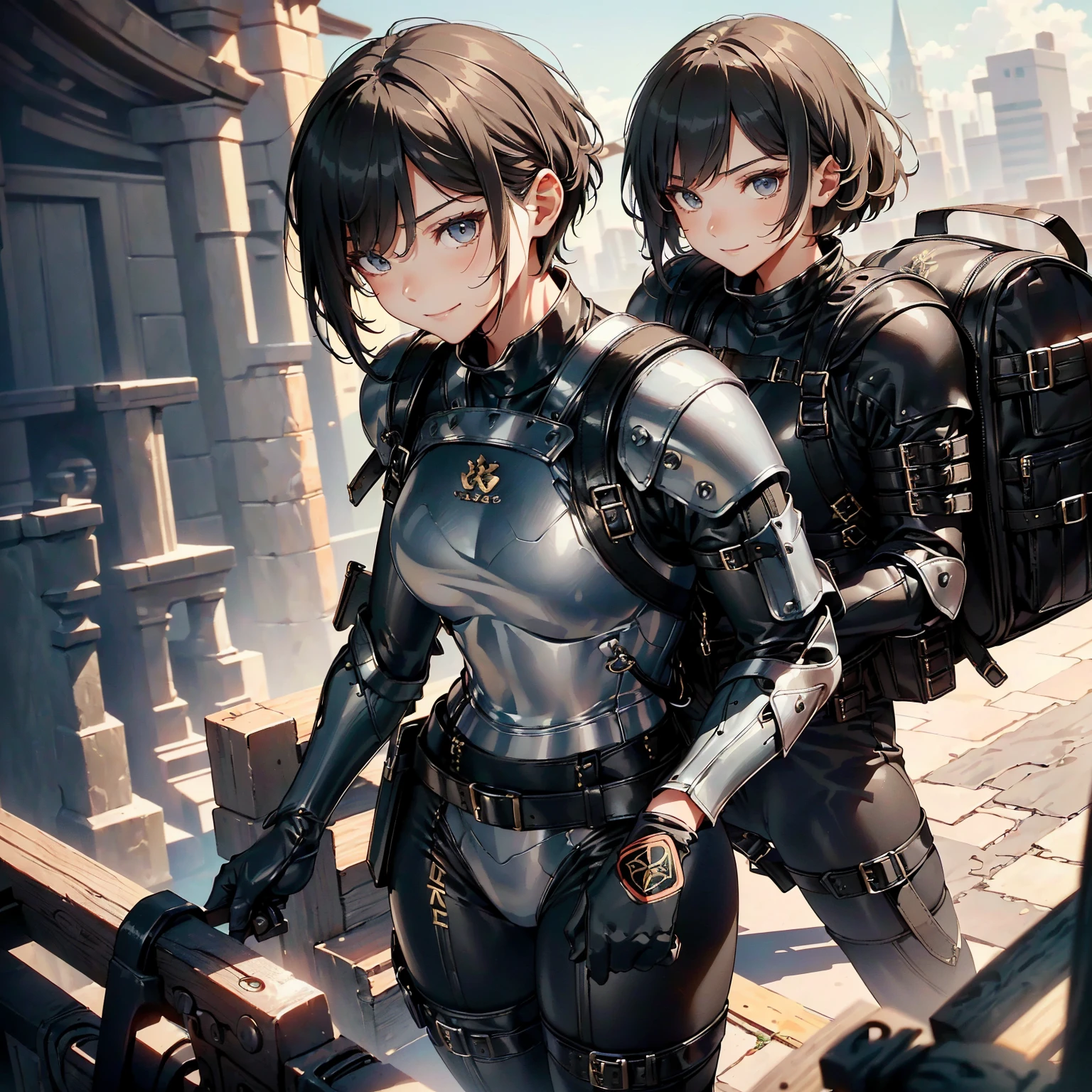 (masterpiece、highest quality、highest resolution、clear_image、detailed details): (whole body、18 year old female fighter,Slender、small face、black super bob short hair、Shiny black tight combat uniform,tight suit、Gentle smile、Backpack)