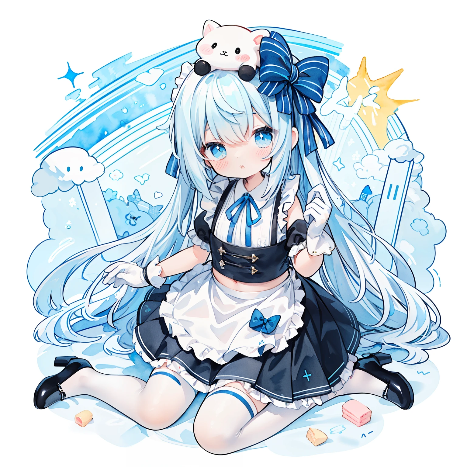 (PastelColors:1.3)、(Cute illustration:1.3)、(watercolor paiting:1.1)、＜クオリティアップ系のプロンプト＞
＜キャラの容姿、背景などのプロンプト＞
BREAK (white and black theme:1.4), (fusion of (sleeveless white high neck and collared [crop top]) and (black puff sleeves):1.4), (white tops and black short sleeves:1.2), (wearing a white half apron over a black skirt:1.4), (waist cincher:1.3), (white half apron), ((white maid head-band with ruffles on head, white brim on head):1.3), (white thigh high stockings:1.4), ((white arm warmers, white long glove):1.3), (black heeled pumps:1.2),
BREAK (light-blue theme:1.2), (light-blue lines on skirt:1.3), (light-blue ribbon bow on neck:1.3),
＜表情、照明、その他のプロンプト＞
