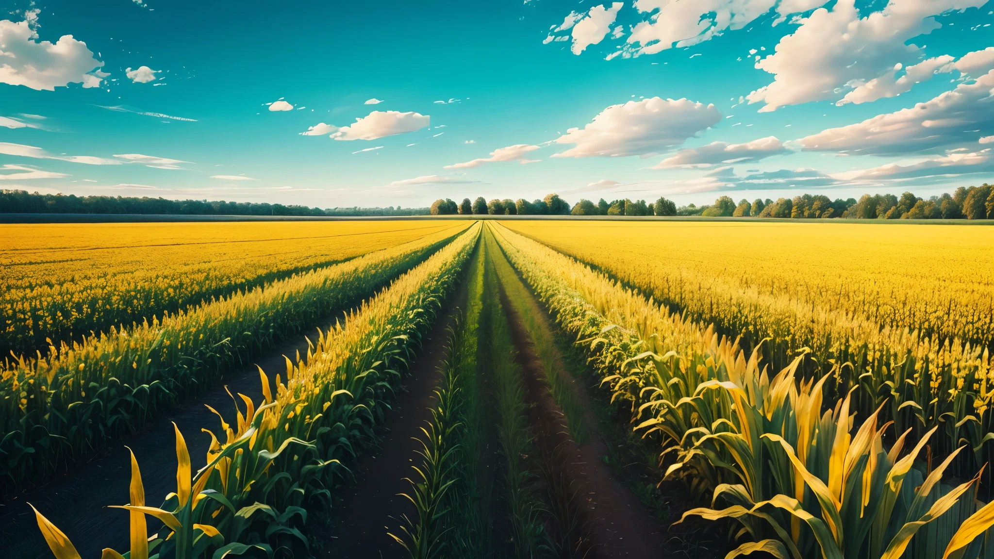 a beautiful corn field, blue sky