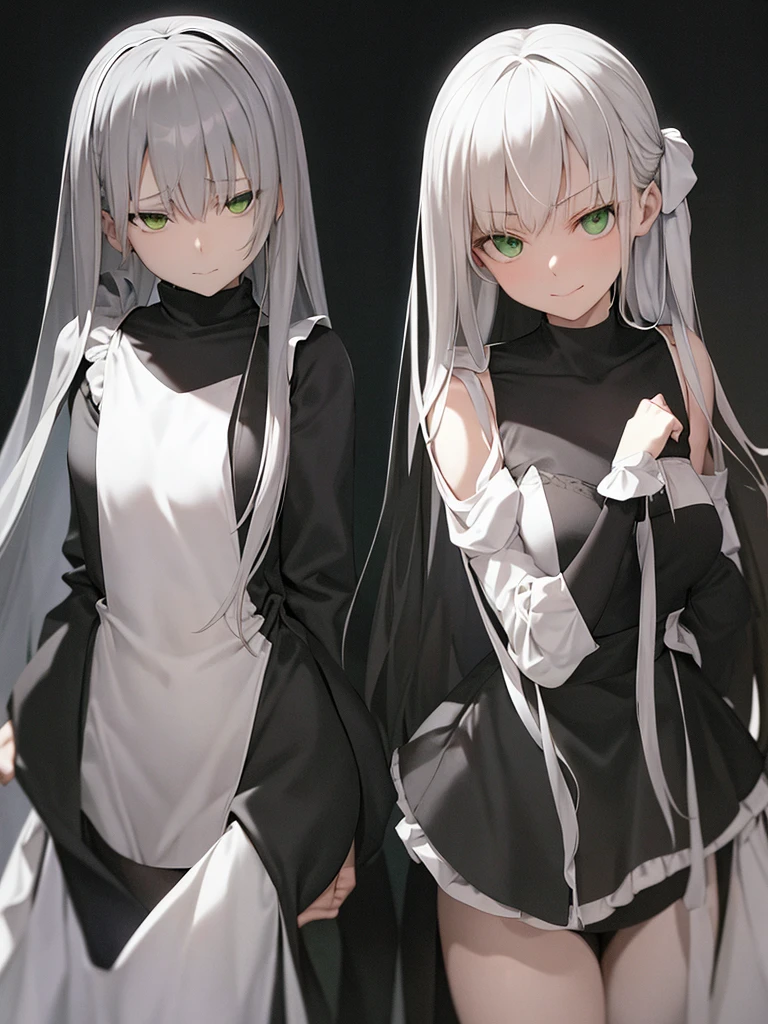 front，whole body，green eyes，Leaning on the wall and looking down slightly，Look down on all indifferent eyes，A smile full of contempt for the person in front of you，Silver-white shoulder-length hair，Upper body black and white maid outfit，The straight and slender lower body legs are wrapped in a pair of black stockings，