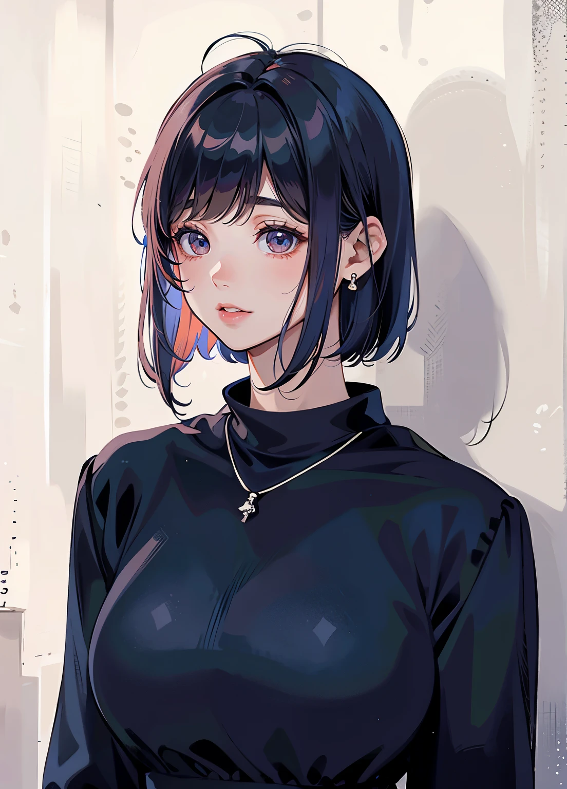 (masterpiece:1.2, best quality), actual, (real picture, intricate details, depth of field), a woman with a short black Bob Carter with a silver necklace, Ji Qie, short hair, Baiji haircut hairstyle, Bob Carter, with a Bob Carter, chin length hair, bob hairstyle, Qi bangs的头发, French Bob hair, Qi bangs, short straight hair, large breasts, large , biggest breast, huge breast, rosy cheeks