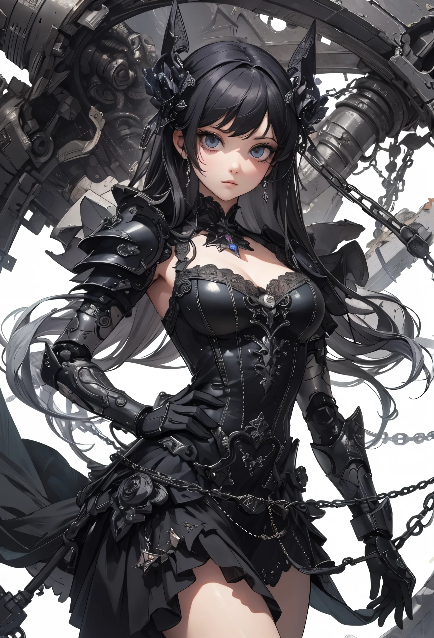 ((Highly accurate drawing in every detail)Extremely precise depiction)[High resolution],(detailed illustrations,とてもfineで緻密な描画,Delicate drawn lines with tempo,Realistic texture expression),[color traced main line],[Ruins of a super-ancient civilization],[ANIME] (MACHINEAlice Beauty 16 years old) straight long hair [AUTOMATON],([Black Rose] black dress) (Cyber Alien Armor [Through the material]) [caltrop] Lock [Titanium alloy] [[Through the material]],Cybernetic Gothic Lolita [clear lenticular iris],(intricate and beautiful decoration [Dense detail]),(Fine and beautiful skin expression [transparency]),Precisely drawn eyes[完璧な目のdetailed(Iris drawn in minute detail)(Beautiful eyes like jewels)],[eyes light[Pinpoint lighting for the eyes]],[long and beautiful eyelashes],[precisely drawn hair [美しく艷やかな髪のdetailed]],(完璧な手のdetailed [Beautiful fingers with no damage [beautiful nails]]),(perfect anatomy(perfectly balanced proportions))[[full body portrait]],[[Design built to the highest level]][ideal color coordination(Accurate simulation of light and material interactions)],([Precision Detail](detailed,高fine)),[Visual art that tells a story],((highest quality)fine[[High density drawing]])(4K Quality).