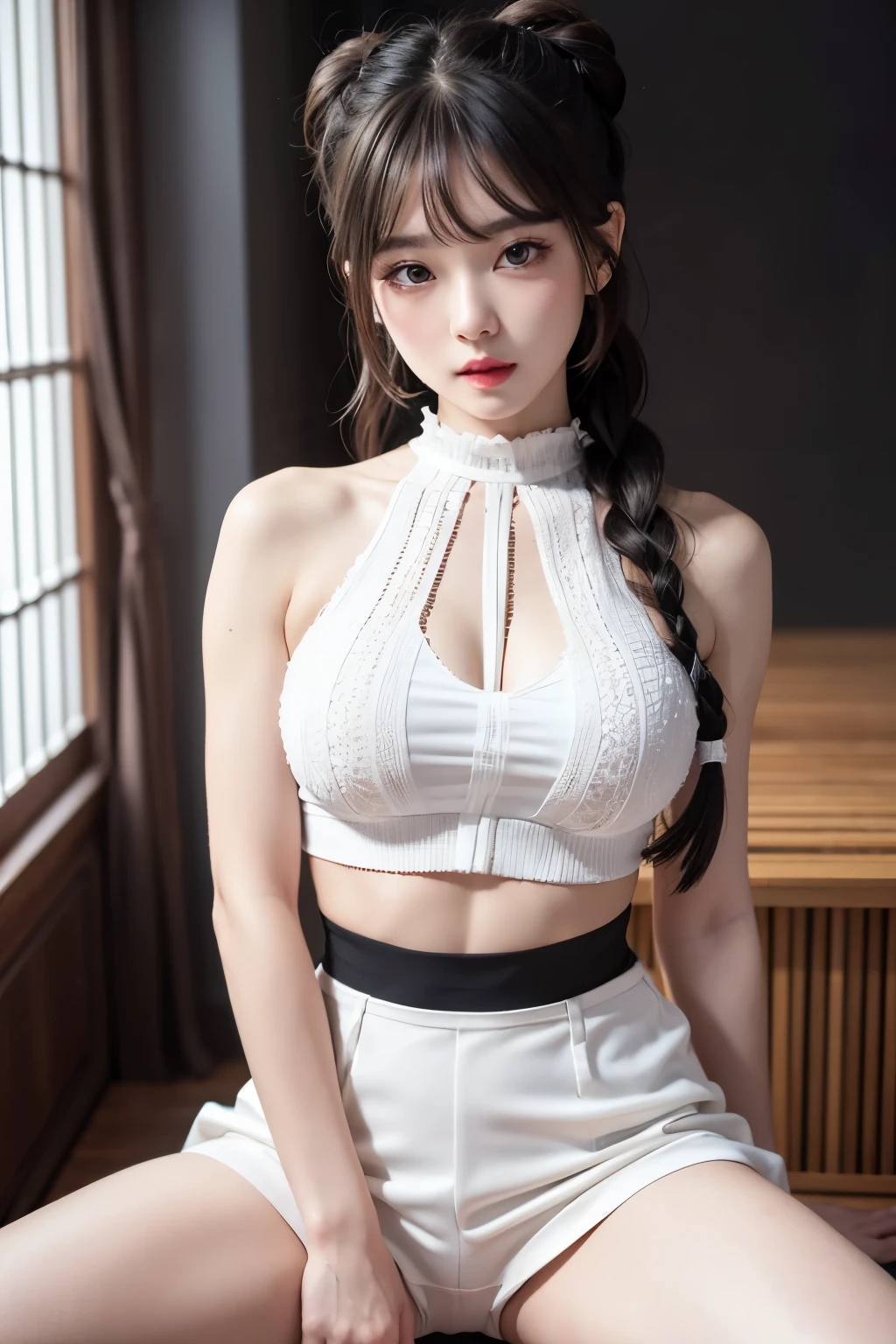 best quality, 32k, RAW photo, incredibly absurdres, extremely detailed, delicate texture, beautiful and cute lady, amorous and lewd expression, wearing white crop top, skirt, black short pants, perfect body line, abs, glossy braided bangs and side hair, squat down