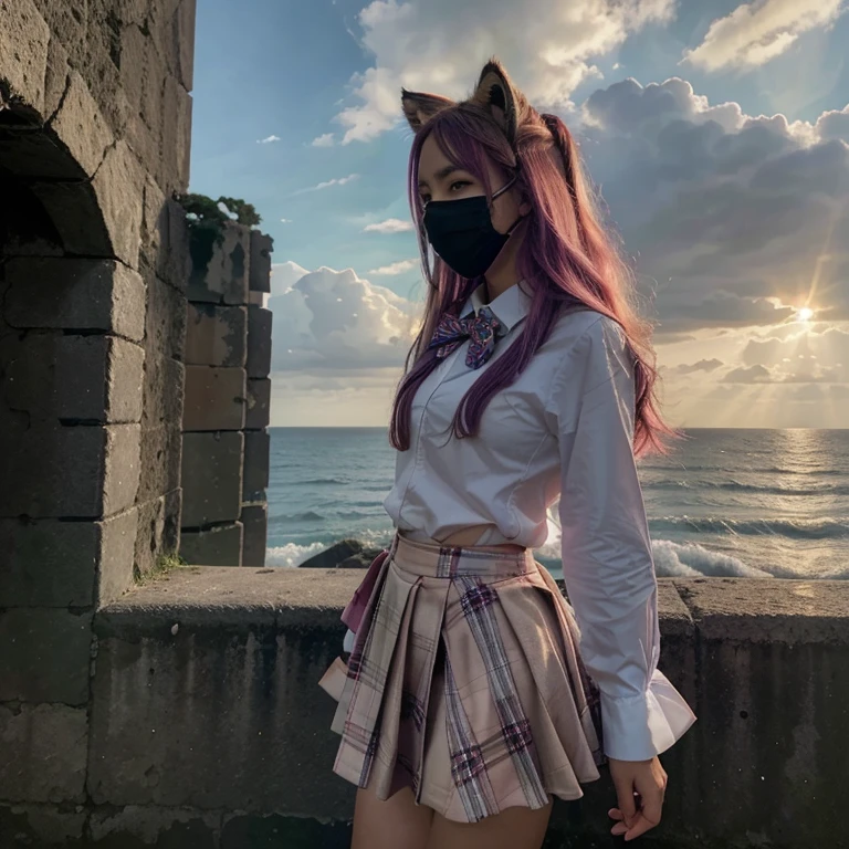 (1girl, koko), (guitar solo), bubble skirt, aqua shirt, bow, bowtie, buttons, collared shirt, expressionless, eyebrows hidden by hair, fox mask, cowboy shot, long hair, long sleeves, mask, multicolored buttons, pink eyes, pink hair, orange skirt, plaid, plaid shirt, purple bow, purple bowtie, shirt, skirt, solo, very long hair, sea, ocean, beach, cloudy, sunrays, dusk, moon, cloud, sky, outdoors, cloudy sky, leaf, ruins, sunbeam, post-apocalypse, side view