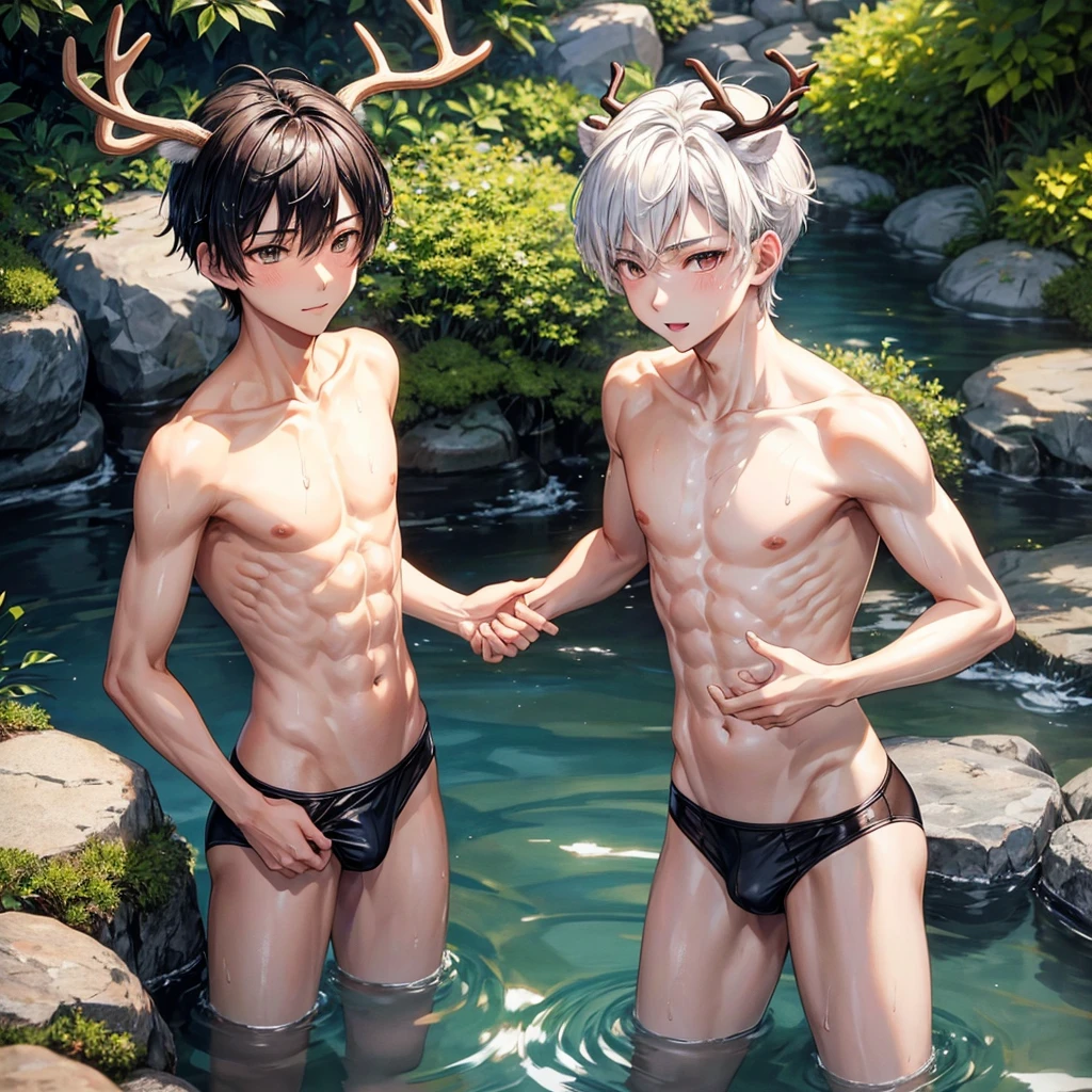 15-year-old boy , thin,handsome,Slim body, Very white skin,high, Asia, I have a little six-pack., sexy, Onsen,  There are deer antlers on the head., Looks excited. , I&#39;m a little wet.
