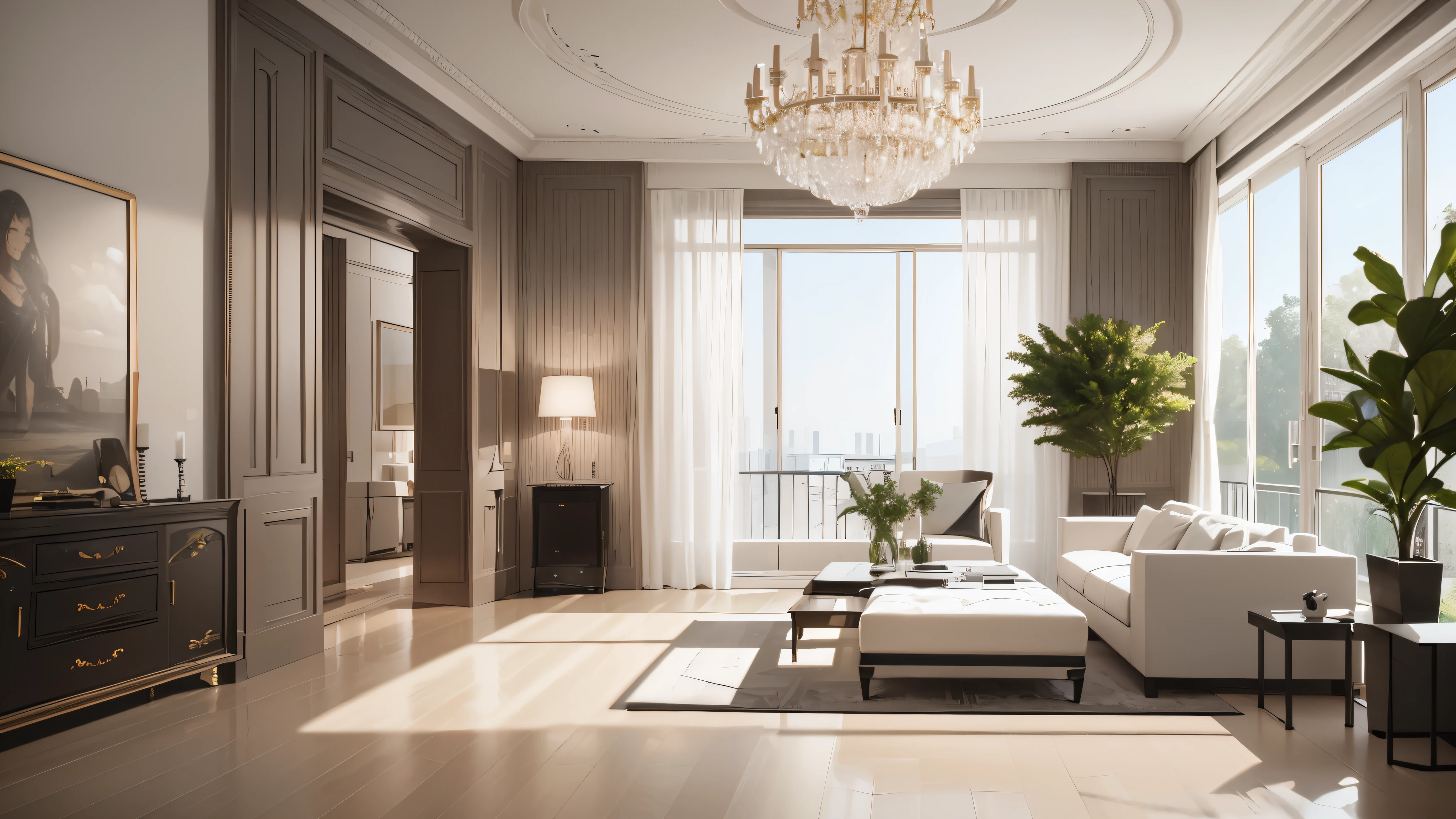 You are a famous interior designer、You have been asked to create a 3D image of a modern large room. Create a harmonious environment with modern and minimalist furniture. Including garden interior.