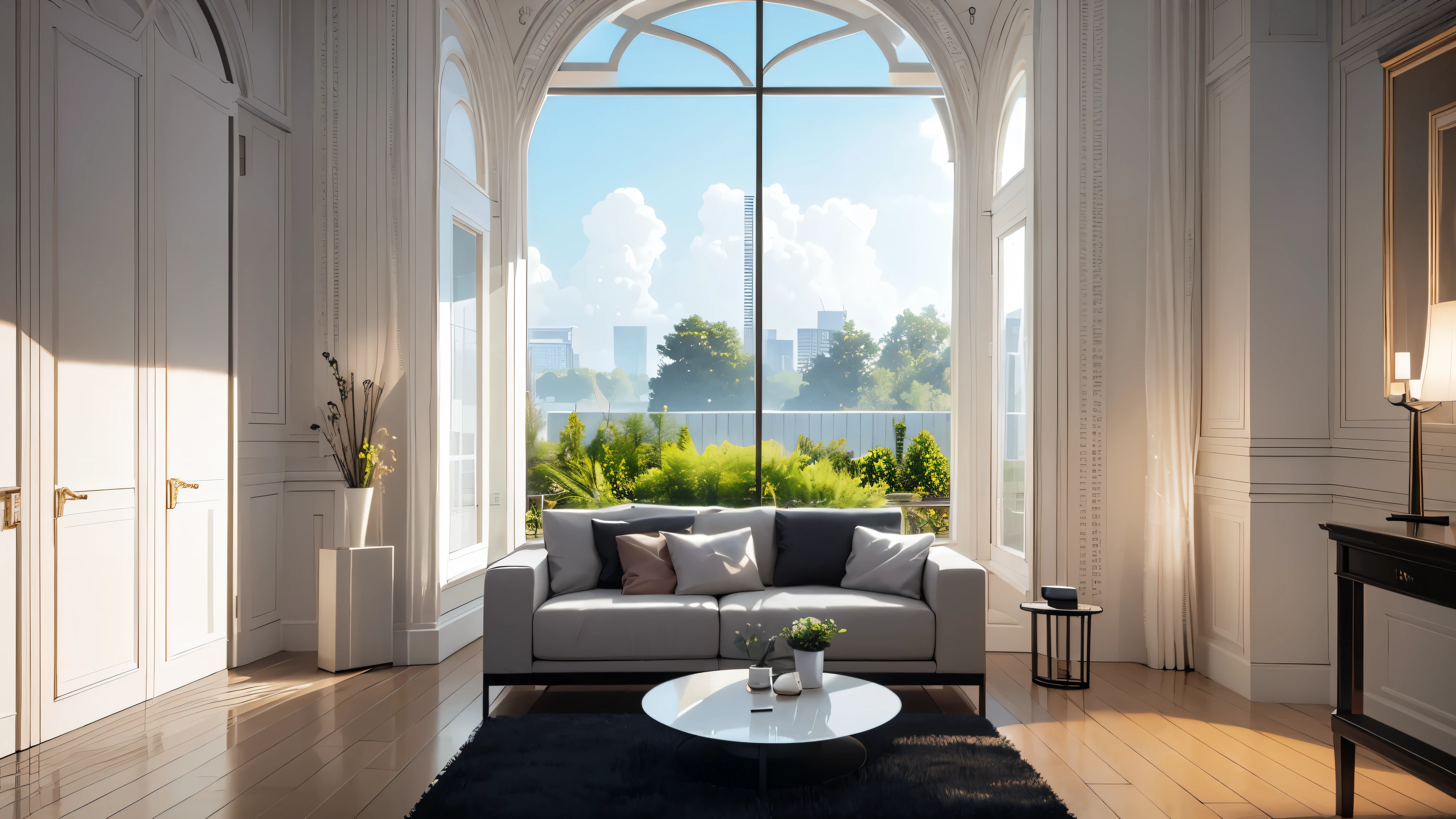 You are a famous interior designer、You have been asked to create a 3D image of a modern large room. Create a harmonious environment with modern and minimalist furniture. Including garden interior.