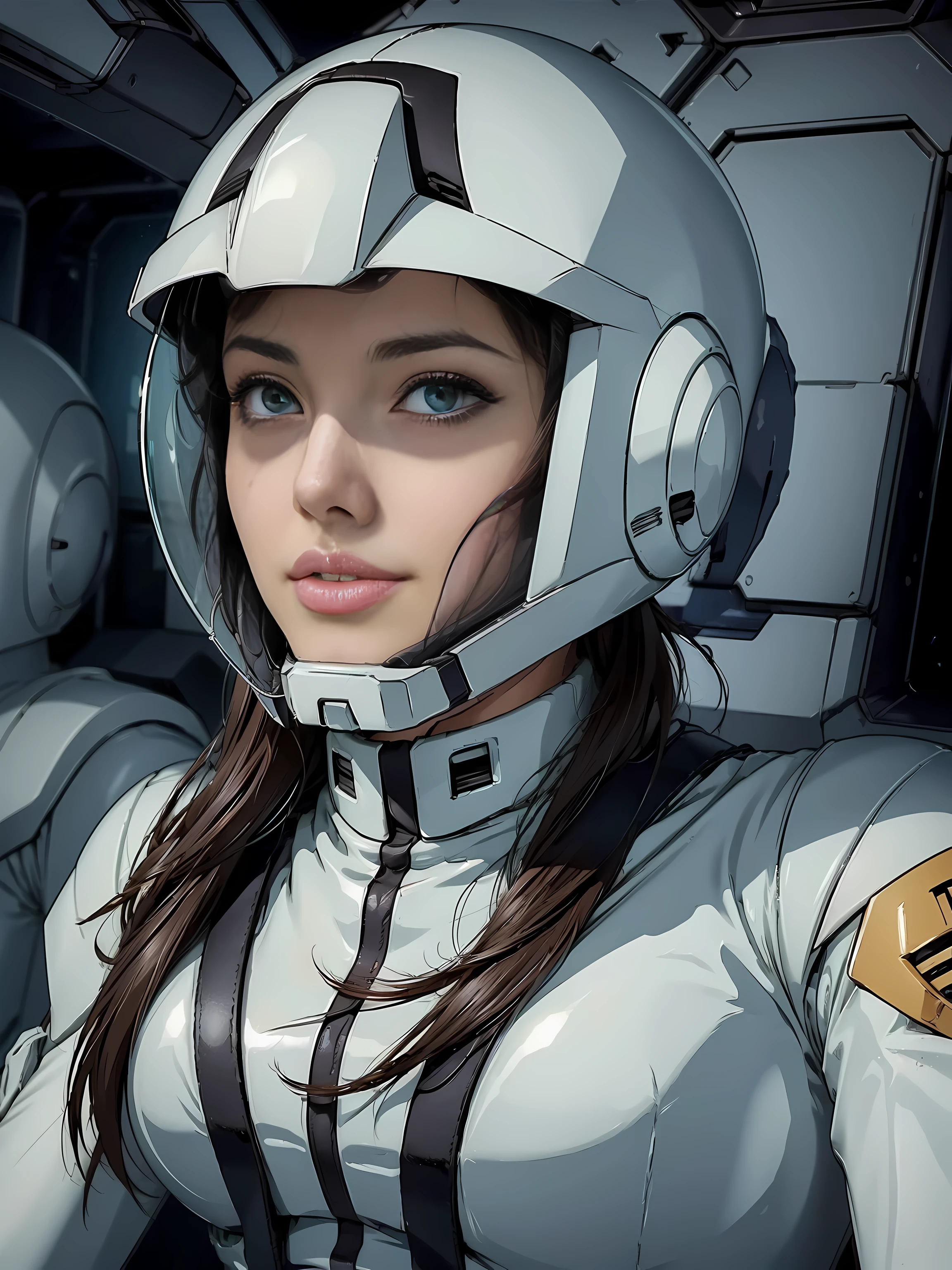 (((masterpiece,highest quality,In 8K,Super detailed,High resolution,anime style,absolutely))),A female Earth Federation Forces pilot sits in the cockpit of a mobile suit..,(alone:1.5),(Angelina jolie:1.5),(((front:1.4))),((seriously:1.5)),(((good:1.5))),(((The background is the cockpit of a dark mobile suit..:1.5))),((blur background:1.5)),(Wearing a pilot suit:1.5),((Wearing a full-face helmet:1.5)),(Beautiful woman:1.5),(Detailed facial depiction:1.5),(big breasts:1.3),(wallpaper:1.5),(from below:1.5)