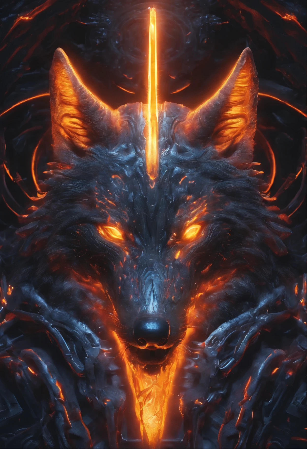 Wolf with orange flames with delicate features in a sci-fi setting, glowing from within, sparks and lights, moonlight, moon, close-up, realistic, highly detailed, intricate